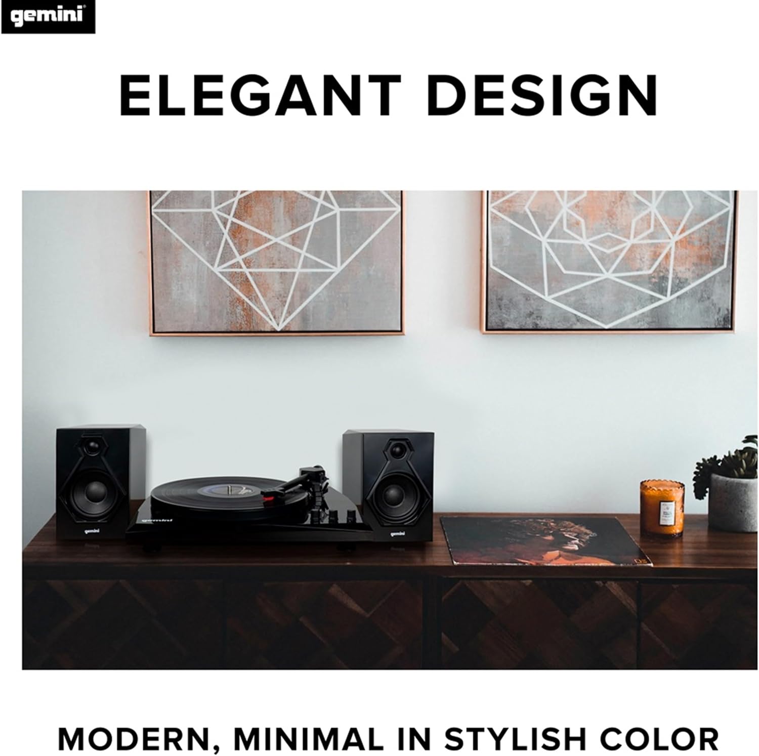 Gemini TT-900 Bluetooth stereo turntable system in black with built-in speakers and sleek design