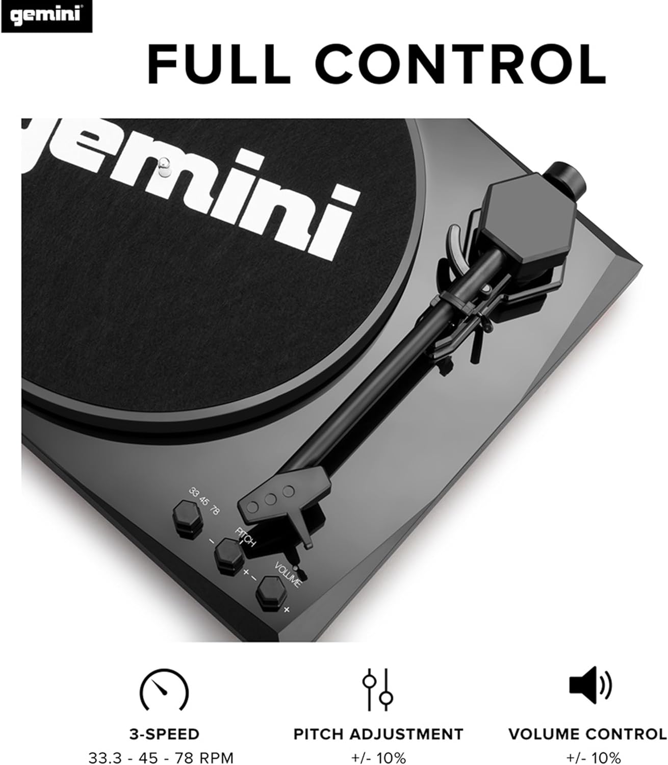 Gemini Bluetooth stereo turntable system in black with built-in speakers and sleek design