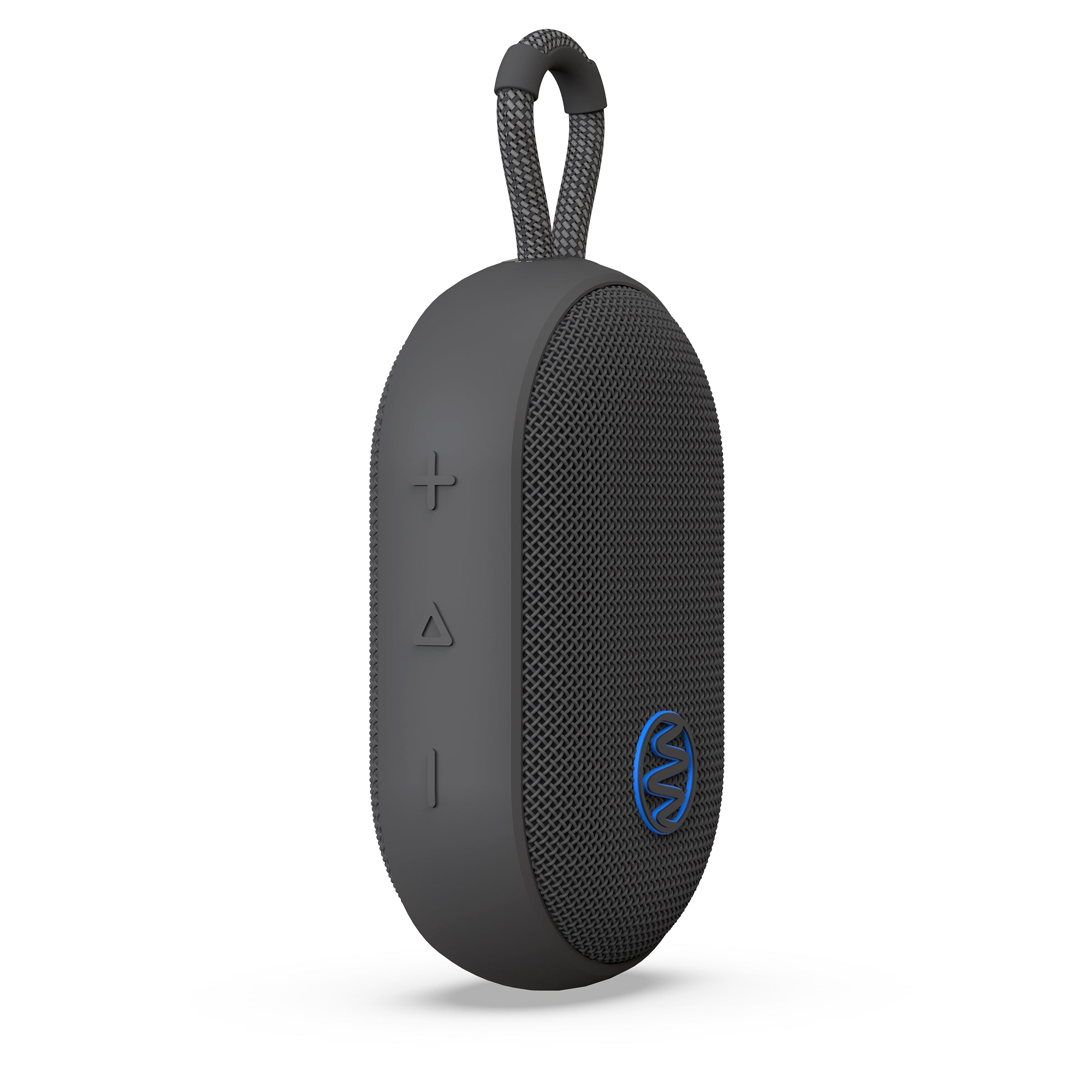 Portable black Bluetooth speaker with control buttons and a carrying strap, by Gemini Sound.