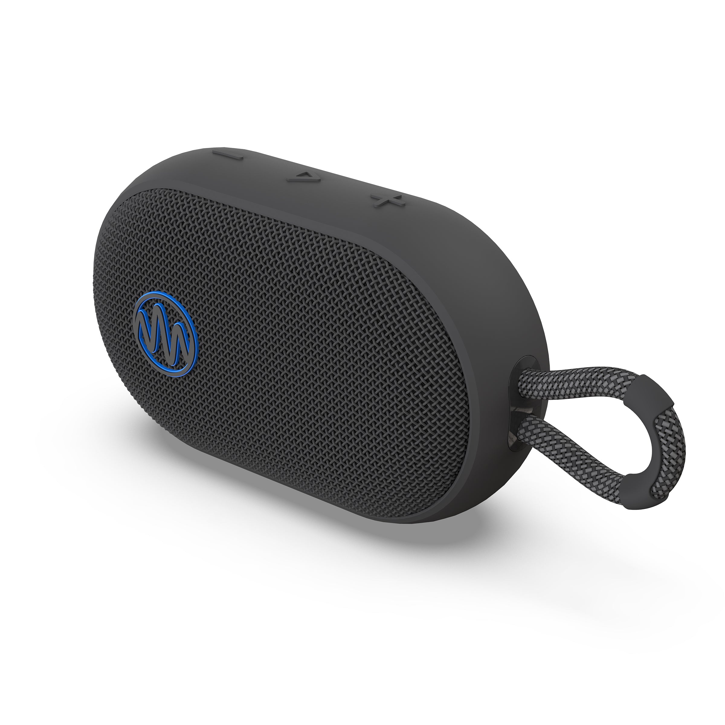 Portable black Bluetooth speaker with mesh grille and blue logo, featuring playback controls and a carrying strap.