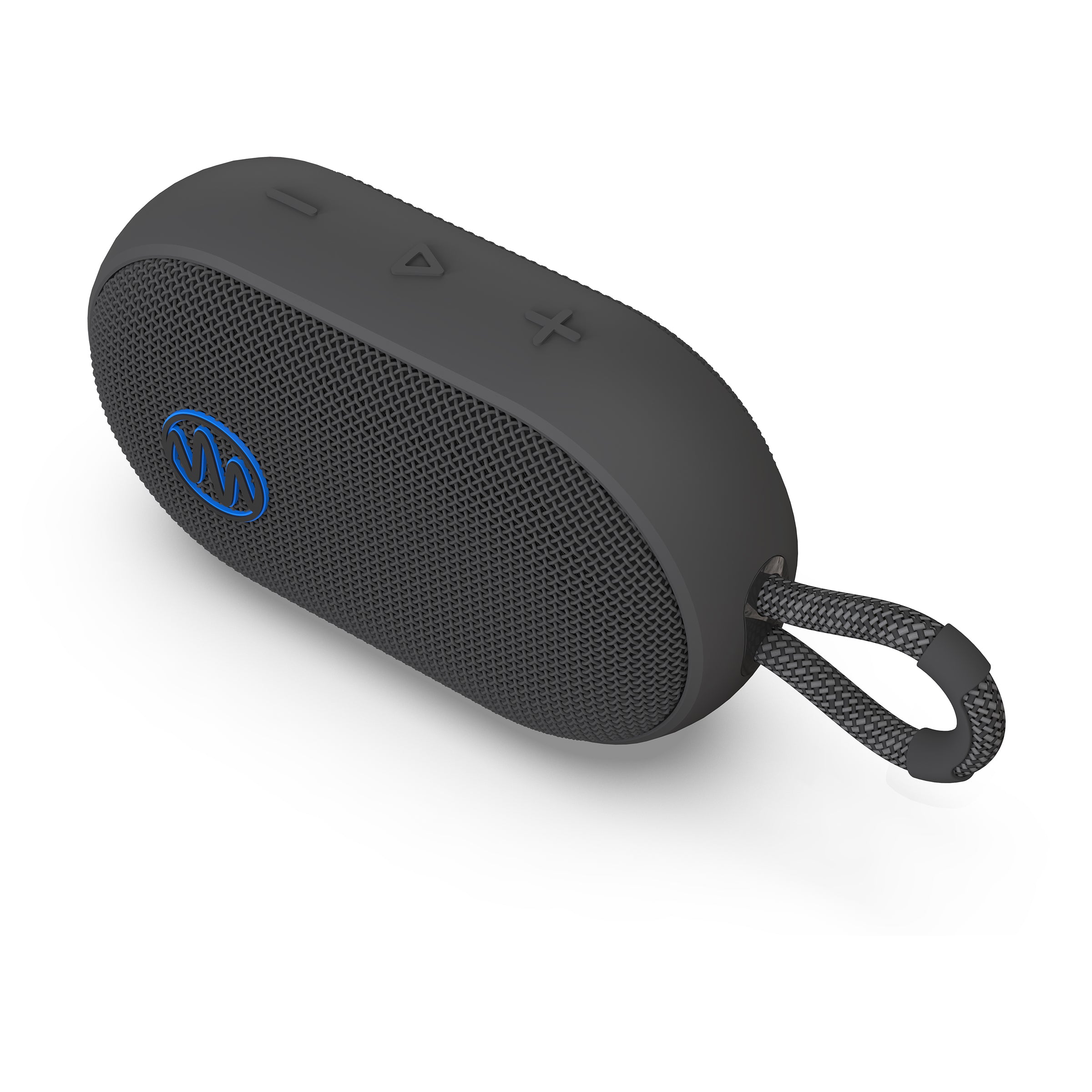 Black portable Bluetooth speaker with textured surface and carrying strap, featuring Gemini Sound logo.