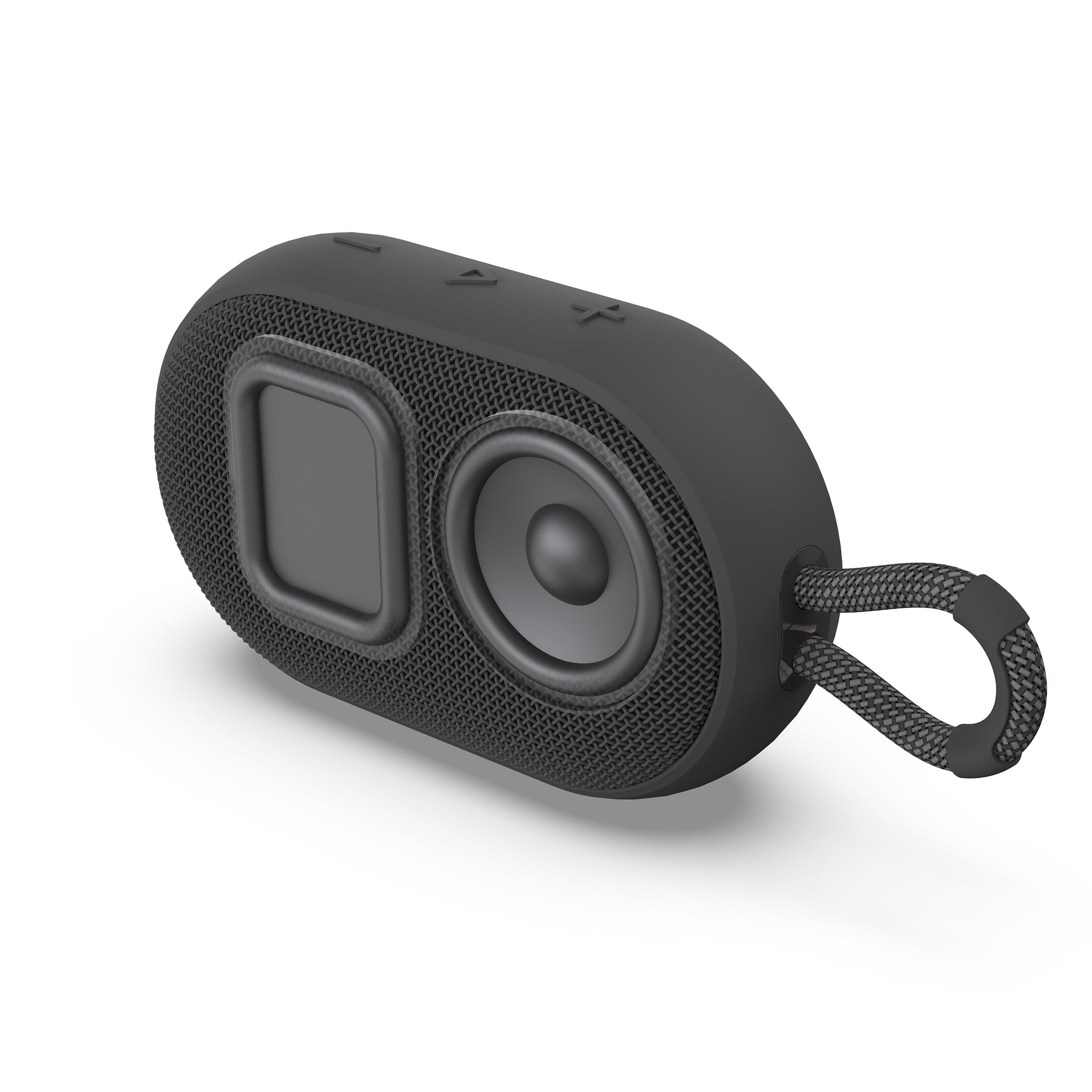 Black portable Bluetooth speaker with textured surface and carrying strap, by Gemini Sound.