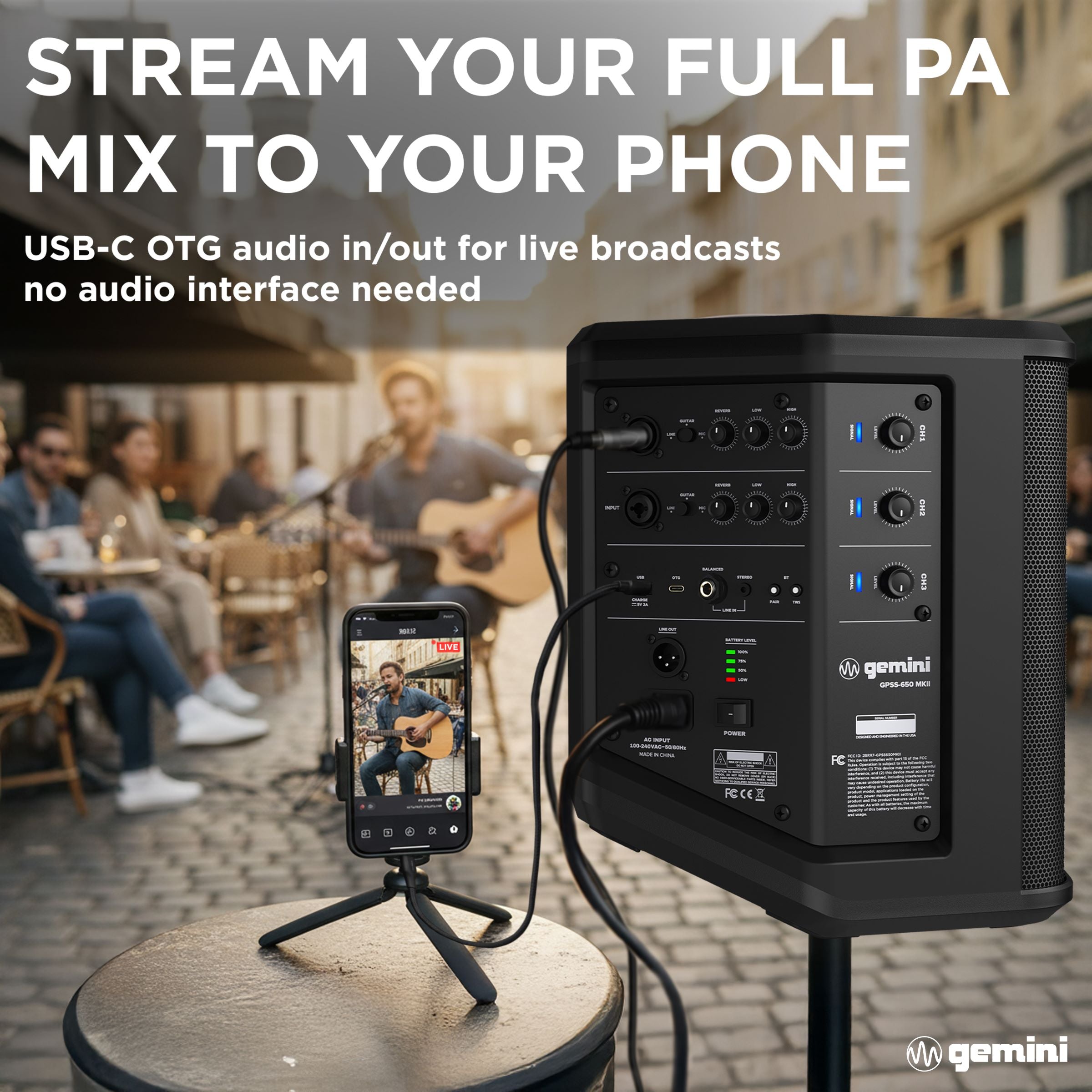 Gemini Sound GPSS-650 MKII portable rechargeable Bluetooth PA speaker — 100W RMS, 6.5" coaxial, 3-channel mixer with reverb