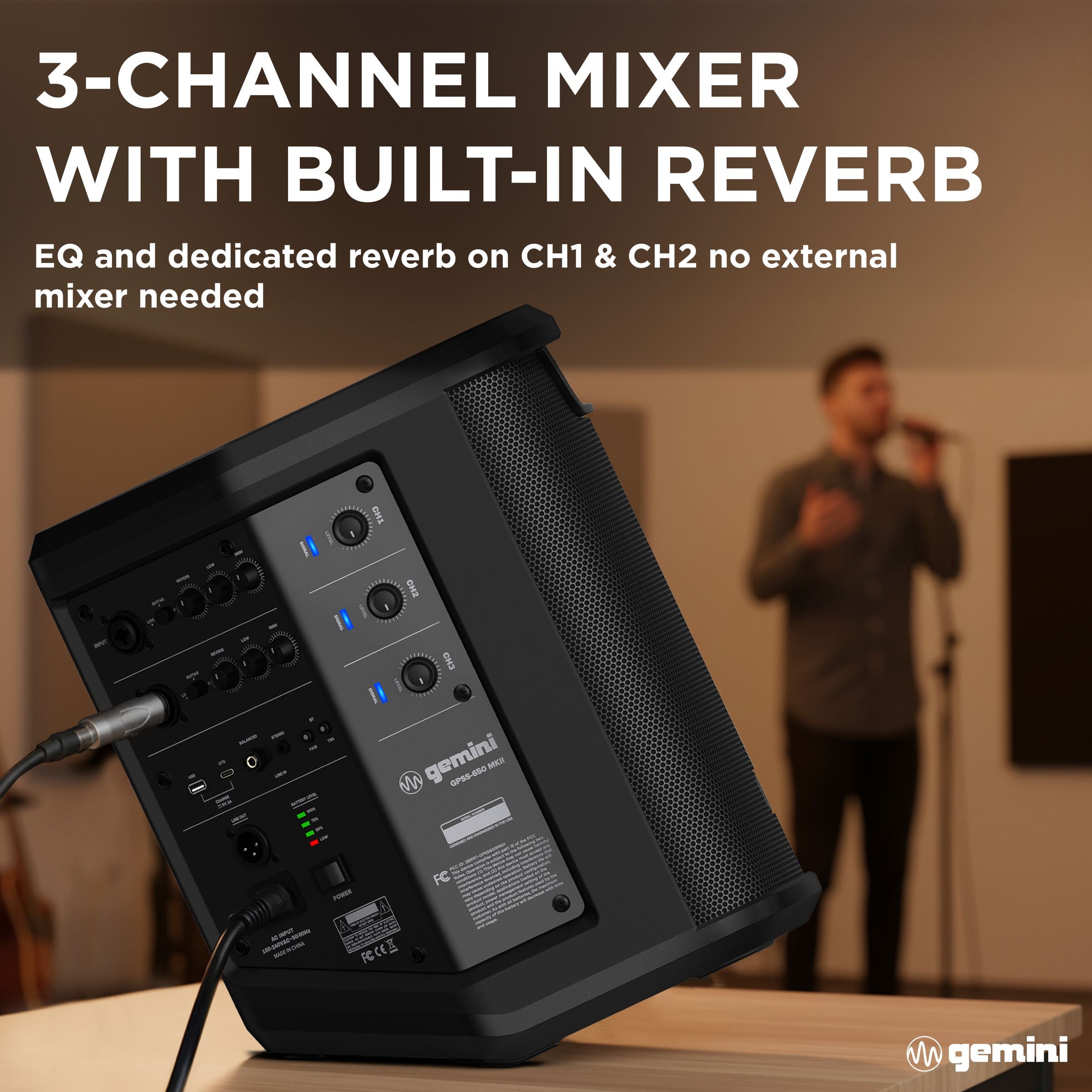 Gemini Sound GPSS-650 MKII portable rechargeable Bluetooth PA speaker — 100W RMS, 6.5" coaxial, 3-channel mixer with reverb