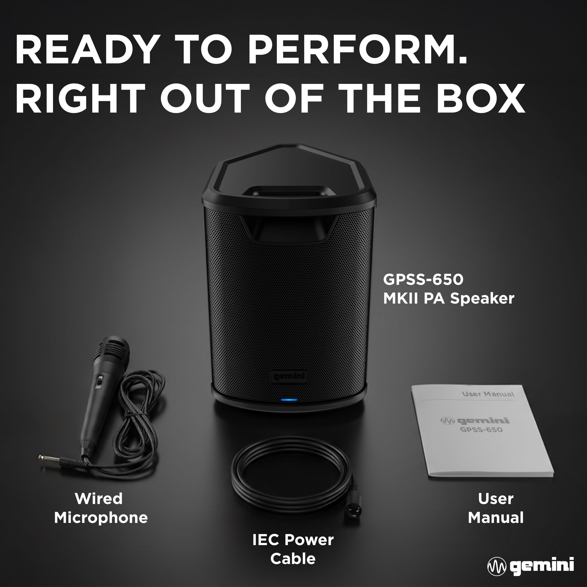Gemini Sound GPSS-650 MKII portable rechargeable Bluetooth PA speaker — 100W RMS, 6.5" coaxial, 3-channel mixer with reverb