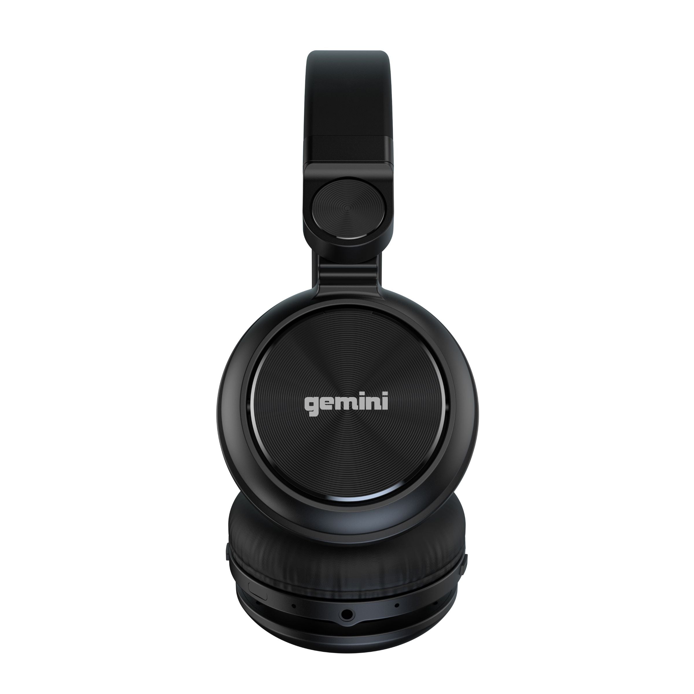 Black headphones with 'gemini' branding on a white background