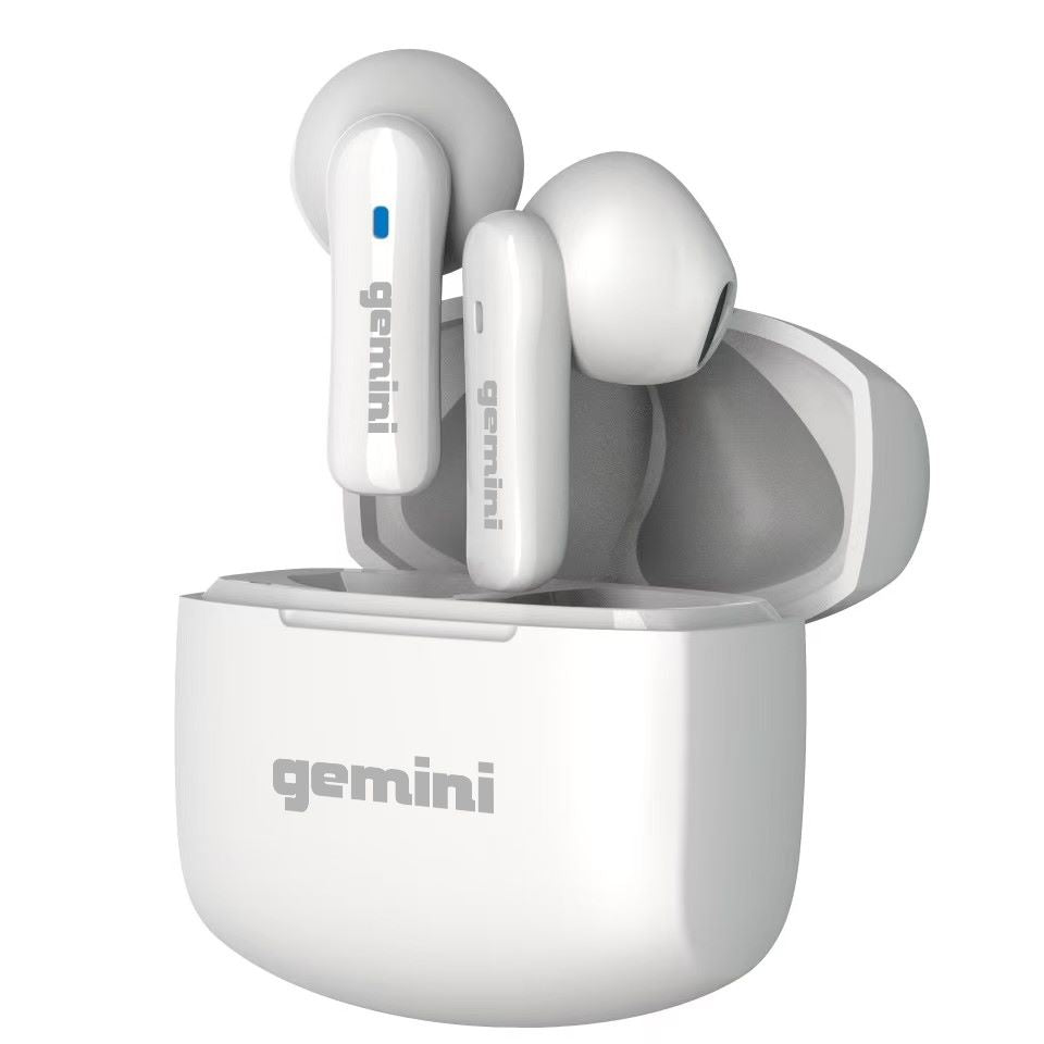 Gemini GEBX-100 Bluetooth 5.4 wireless earbuds with charging case, compact design and 13mm drivers.