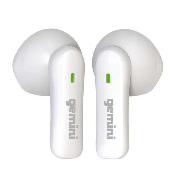 Gemini GEBX-100 Bluetooth 5.4 wireless earbuds with charging case, featuring compact design and 13mm drivers.