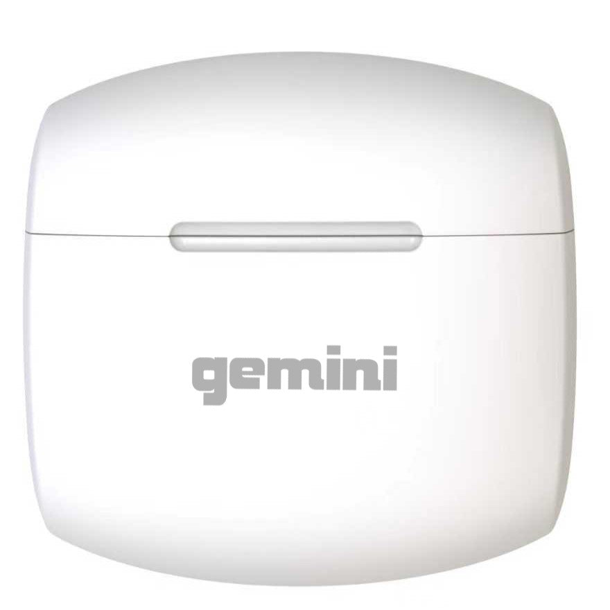 Gemini GEBX-100 Bluetooth 5.4 wireless earbuds with compact charging case, featuring 13mm drivers.