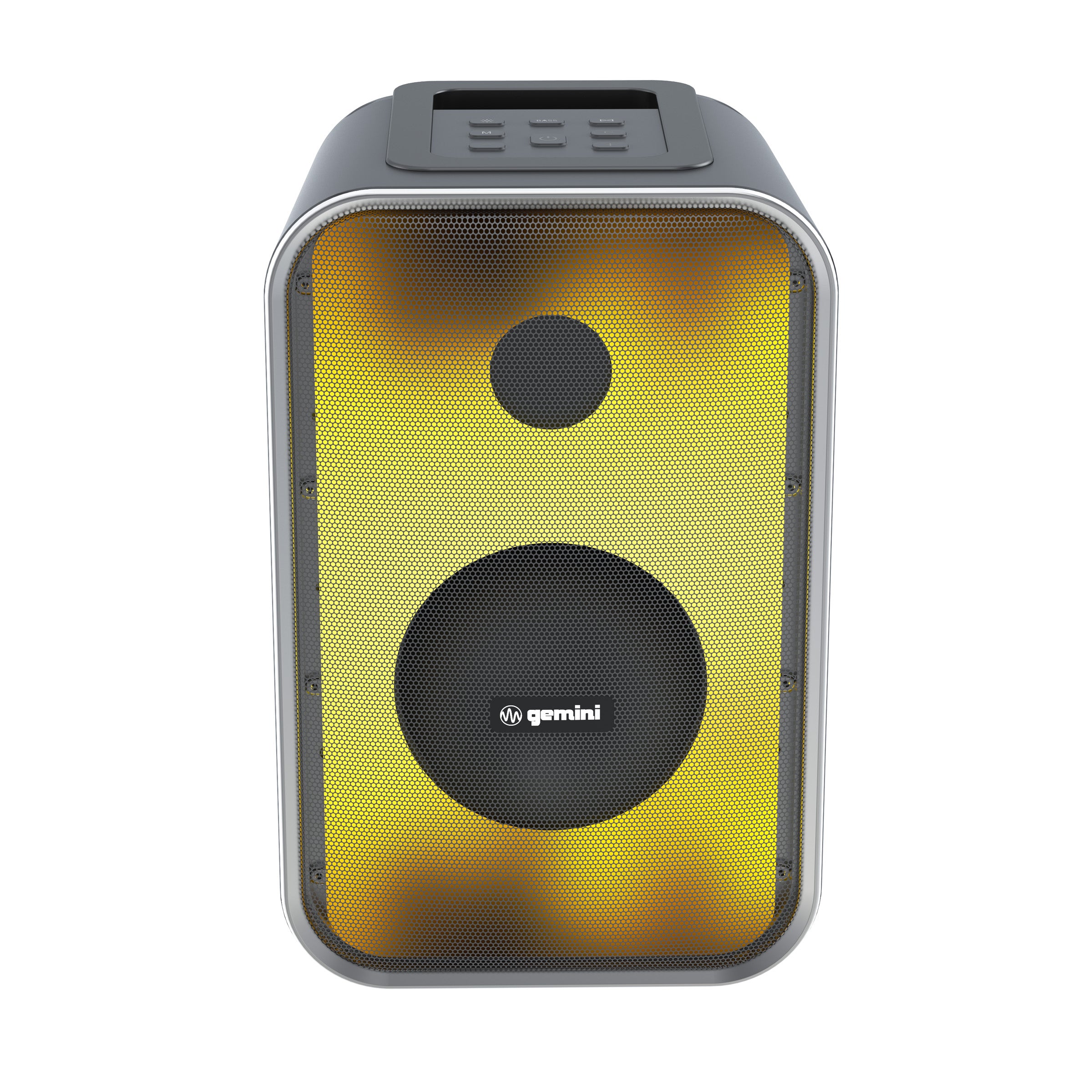 Gemini Sound GNV-60 portable Bluetooth speaker with LED lights and rechargeable battery, featuring a black and silver design