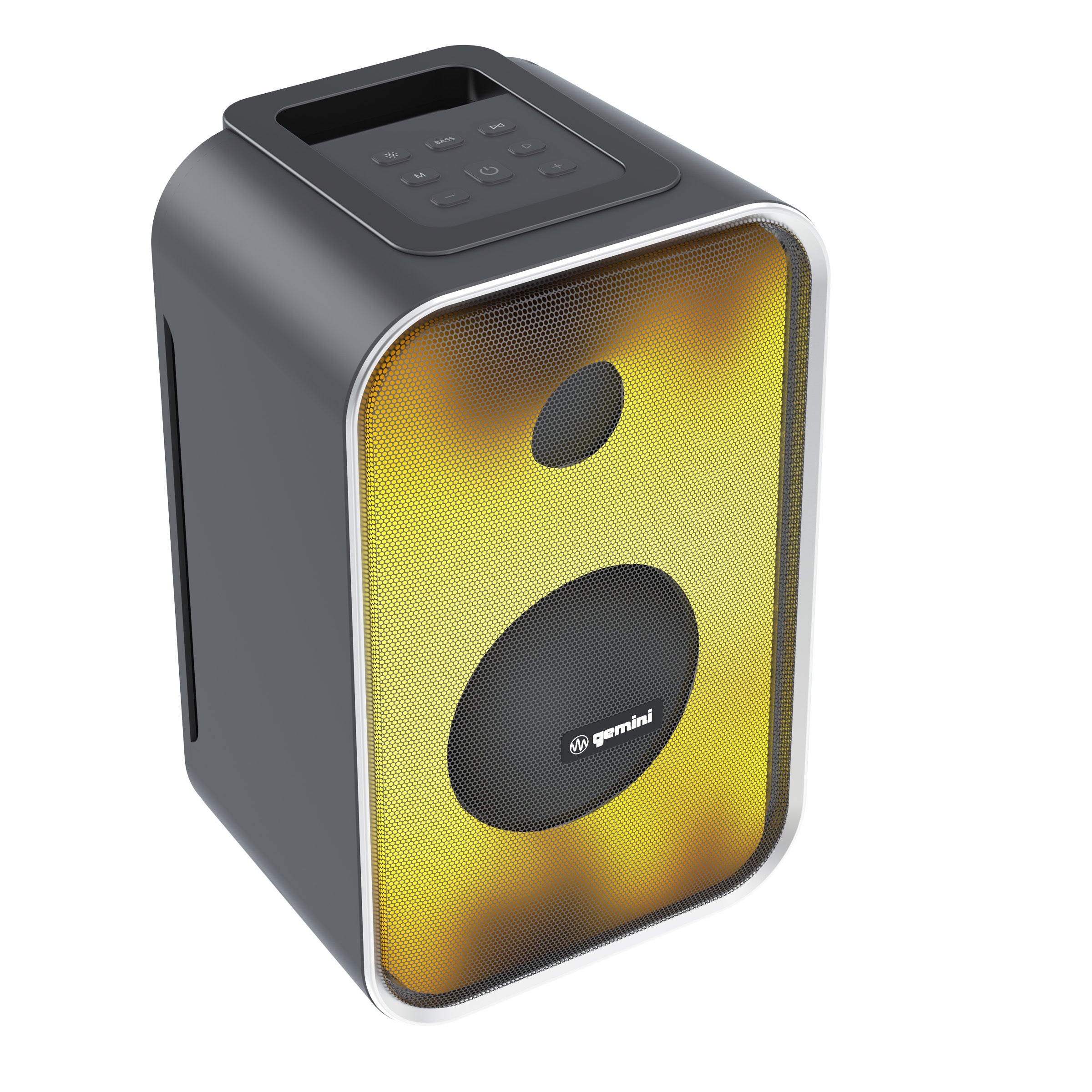 Black portable party speaker with LED lights, Bluetooth connectivity, and rechargeable battery by Gemini Sound.