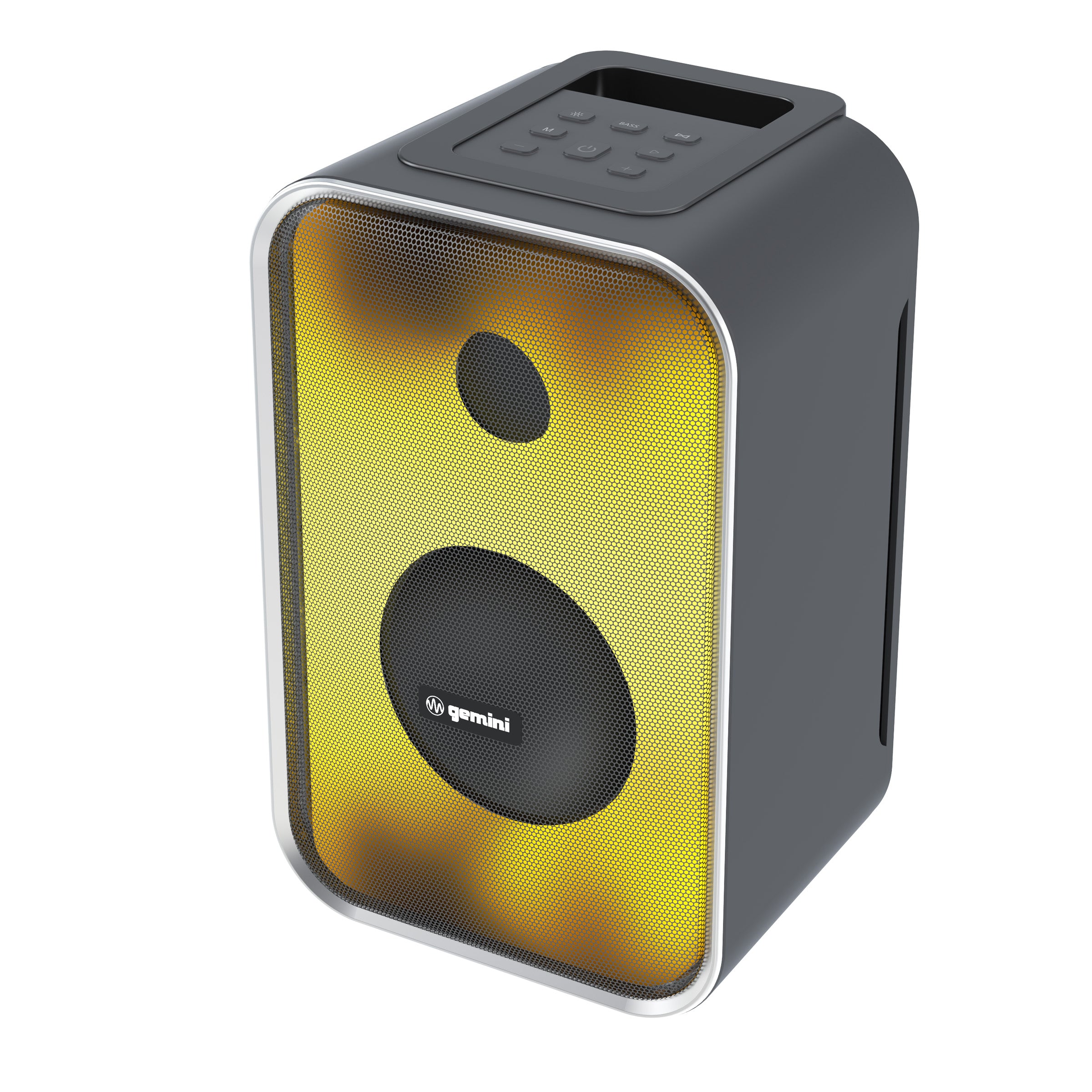 GNV-60 portable party speaker with LED lights, Bluetooth, and rechargeable battery in black and yellow design.