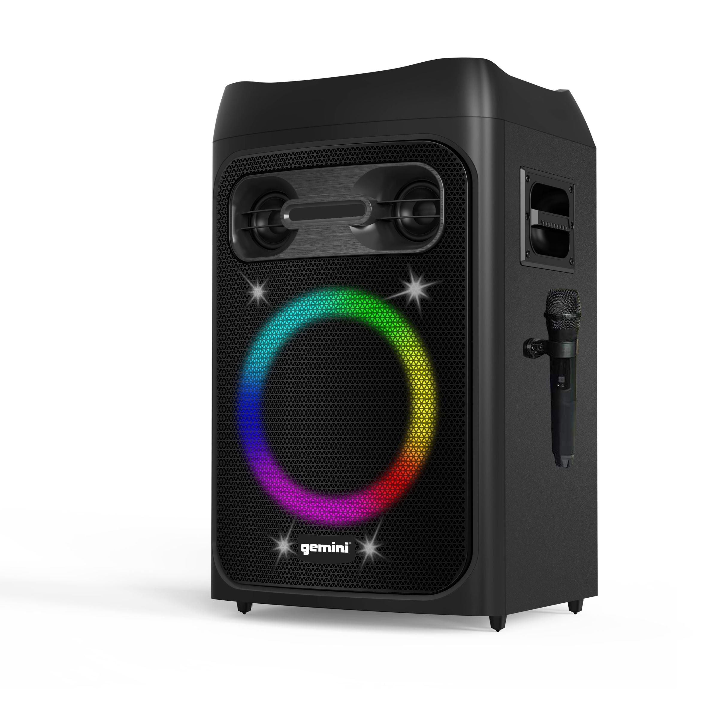 Gemini GPK-1000 karaoke machine with 10-inch woofer, 150W power, Bluetooth, and 3D sound effects in black design