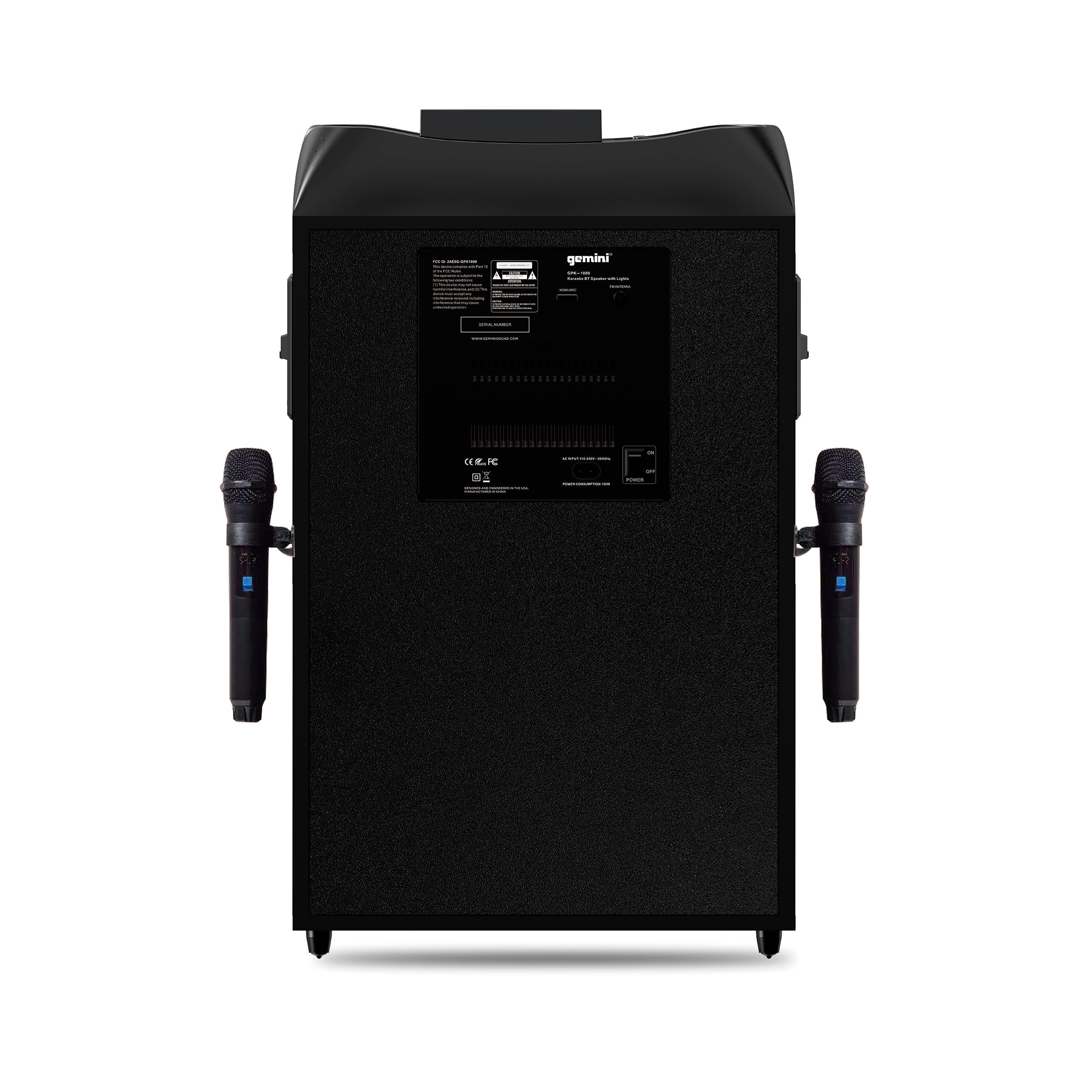 Gemini GPK-1000 karaoke machine with 10-inch woofer, 150W power, and Bluetooth connectivity in black design