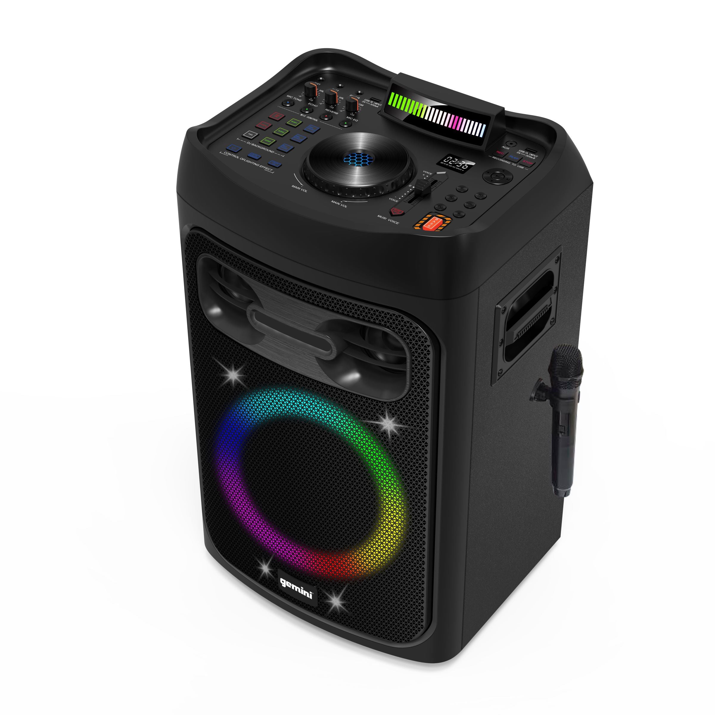 Gemini GPK-1000 karaoke machine with 10-inch woofer, 150W power, and Bluetooth connectivity in a sleek black design