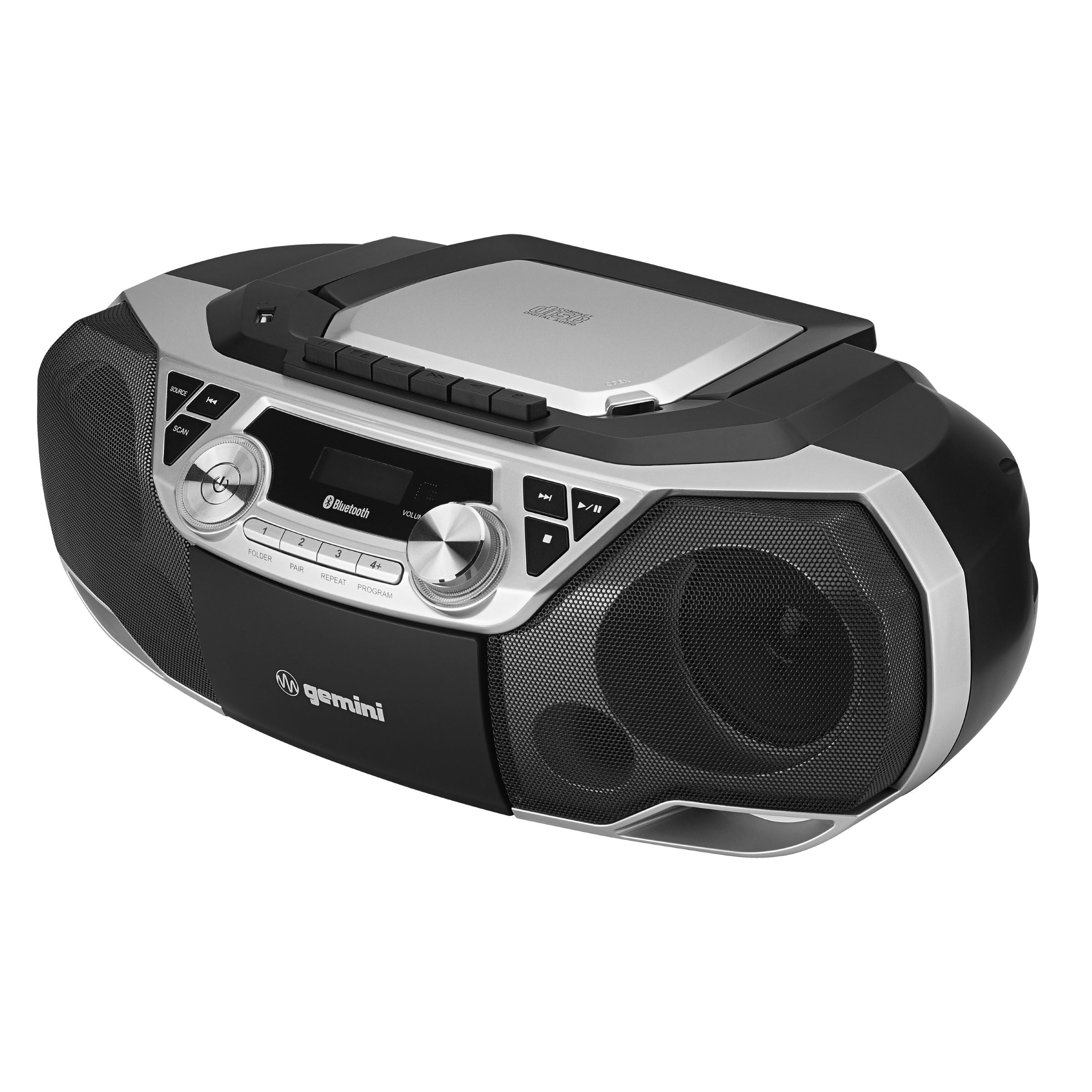 Gemini Sound GSBB-500 portable Bluetooth boombox in black with 50W power, CD/cassette player, and battery option.