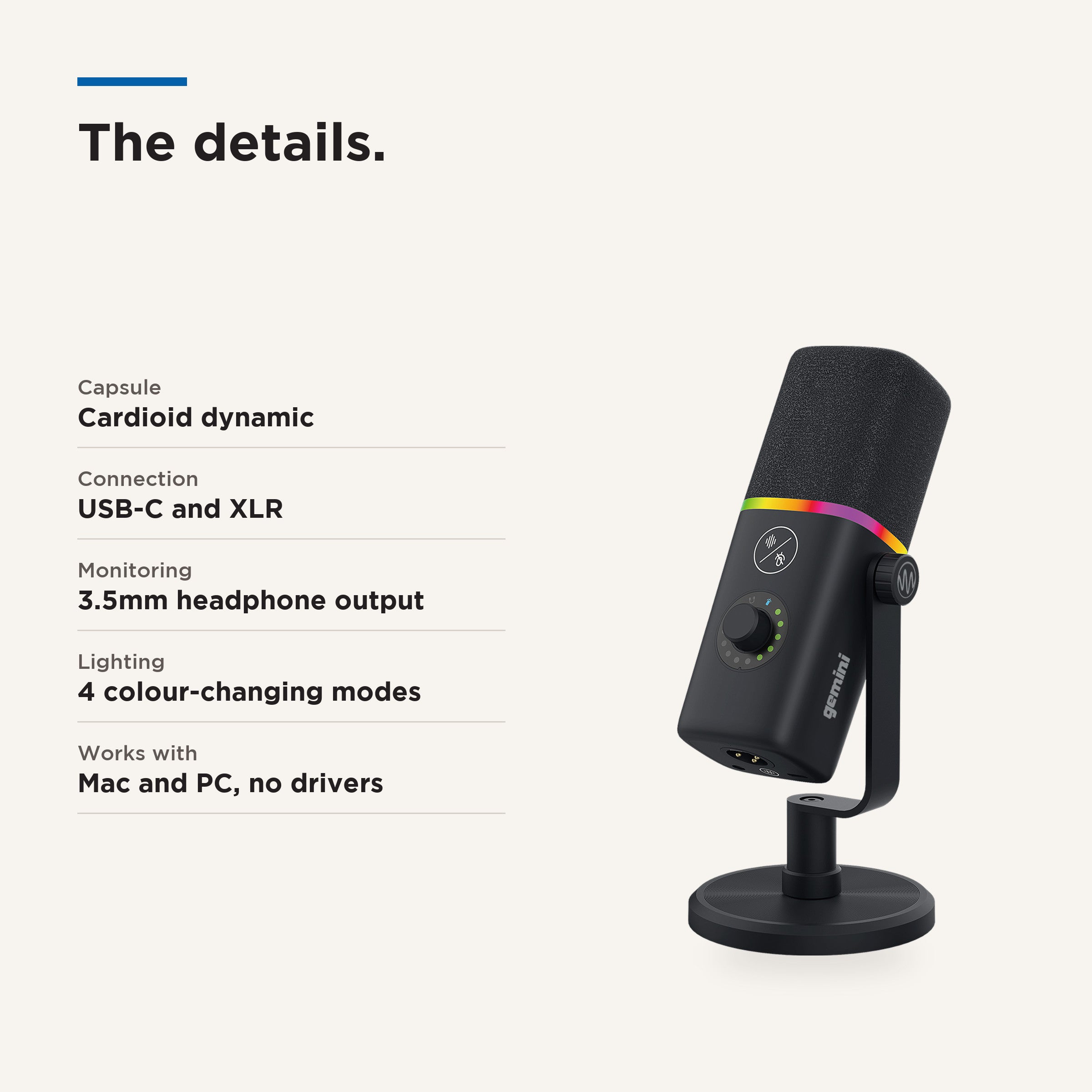 A black microphone on a stand with colorful accent lighting, shown next to text detailing its features such as USB-C and XLR connection, 3.5mm headphone output, and 4 colour-changing modes.