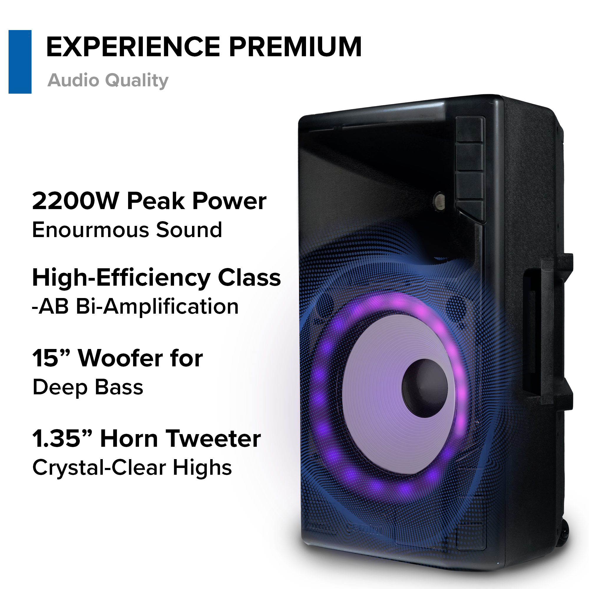 Gemini Sound GSP-L5500PK 15-inch Bluetooth PA speaker with microphone, stand, LED lights, and 3-channel mixer