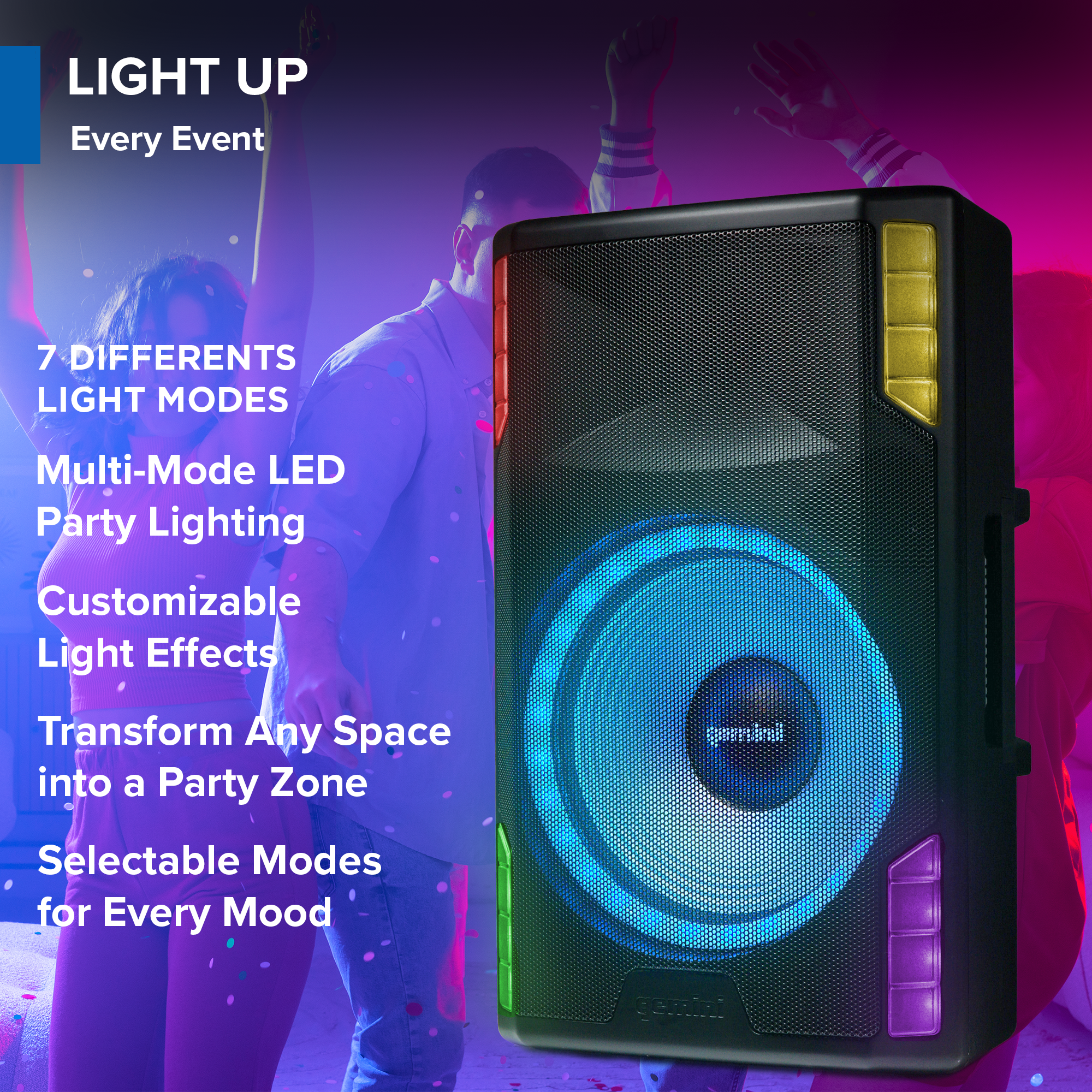 Gemini Sound GSP-L5500PK 15-inch Bluetooth PA speaker with microphone, stand, LED lights, and 3-channel mixer