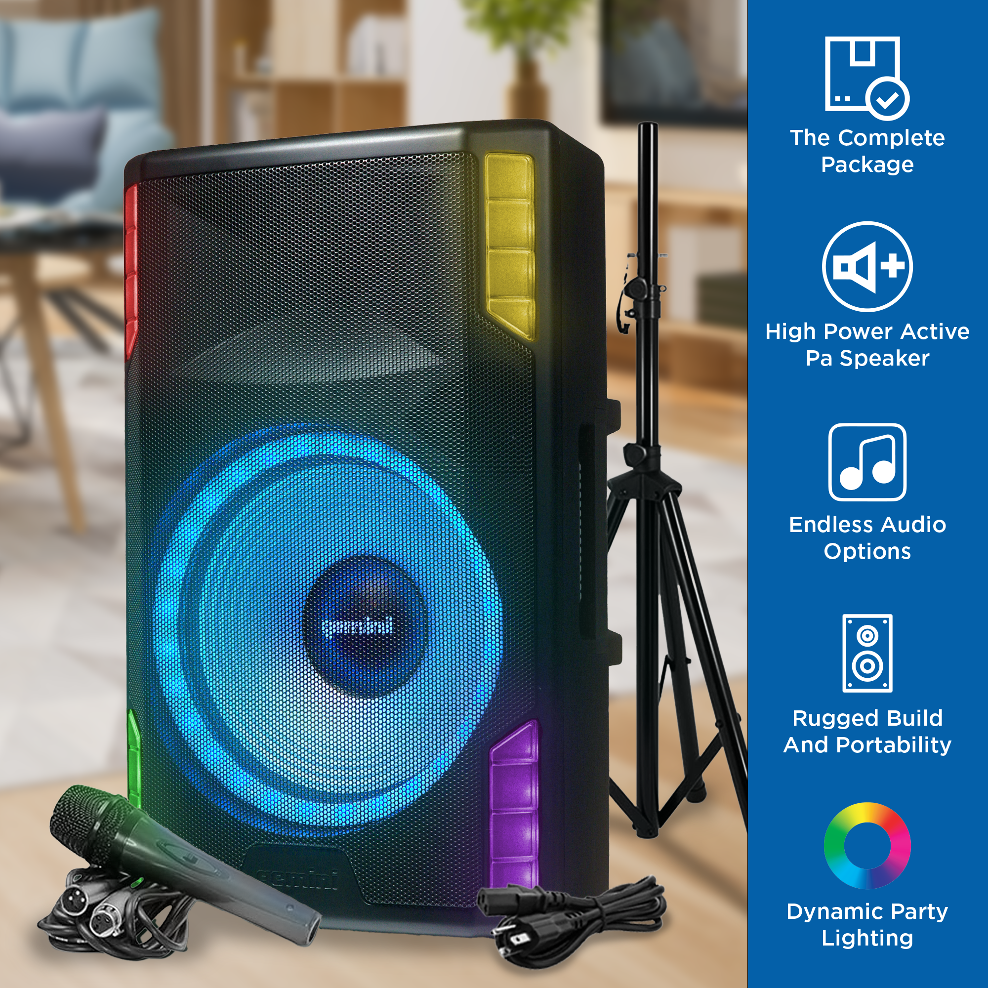 Gemini Sound GSP-L5500PK 15-inch Bluetooth PA speaker with microphone, stand, LED lights, and 3-channel mixer