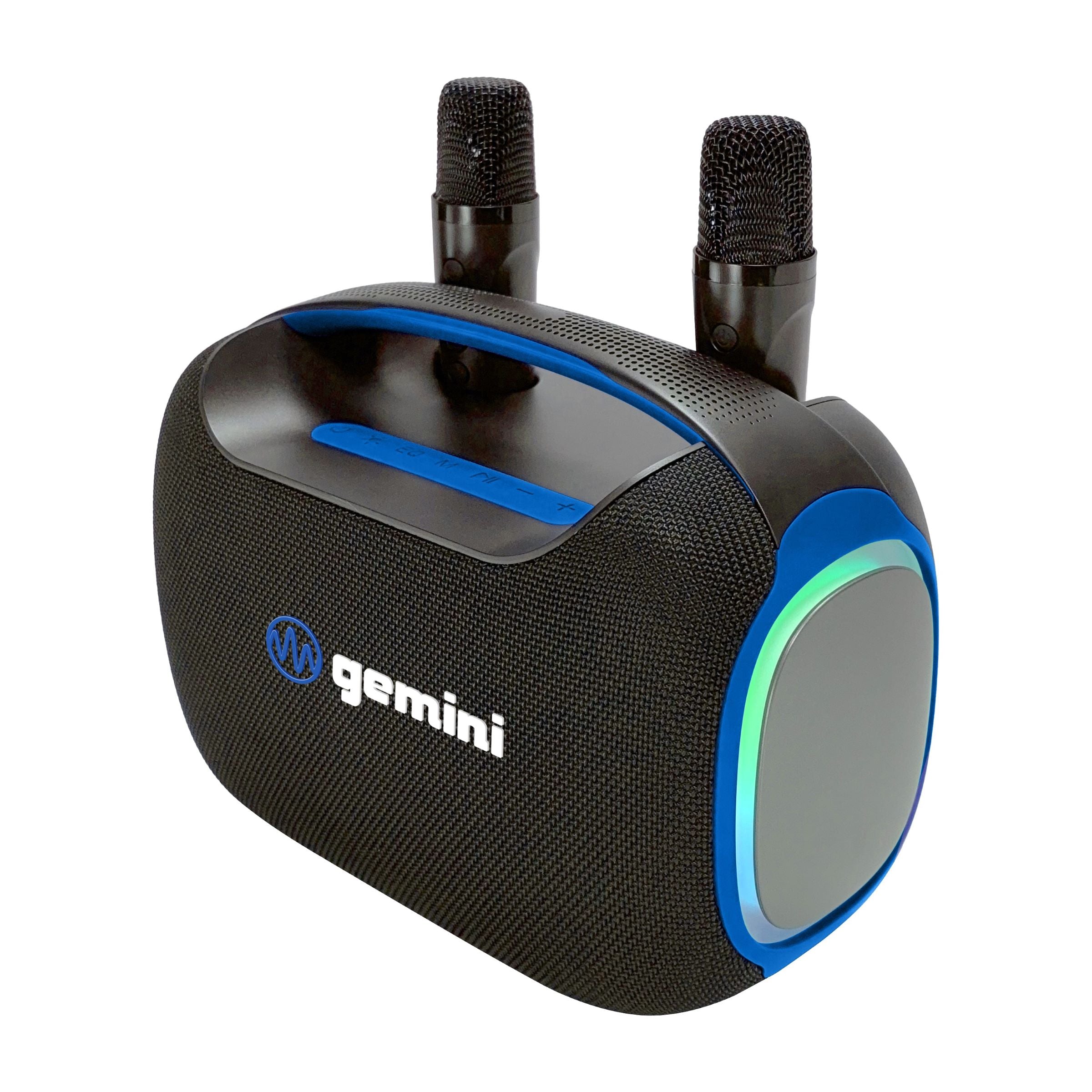 Gemini MPA-K100 portable Bluetooth karaoke speaker with 2 wireless mics and party lights