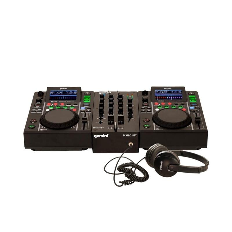 Gemini MDJ-500KIT DJ starter bundle with two MDJ-500 media players, MXR-01BT mixer and DJX-200 headphones