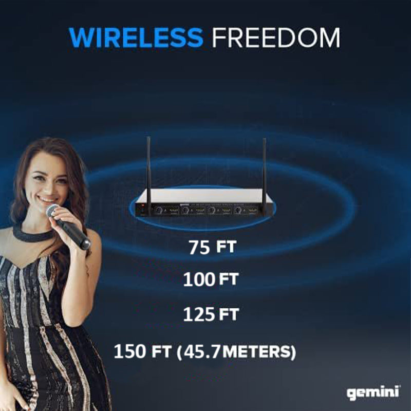 Gemini Sound UHF-04M wireless microphone system with 4 handheld mics and receiver for DJ and karaoke use