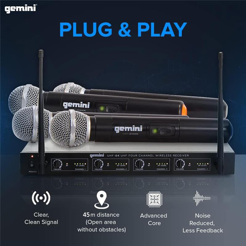 Gemini Sound UHF-04M wireless microphone system with 4 handheld mics and receiver for DJ and karaoke use