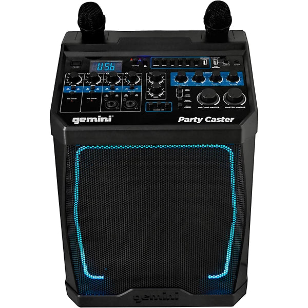 Gemini KP-800PRO portable karaoke system with dual wireless mics, 100W power, and Bluetooth connectivity