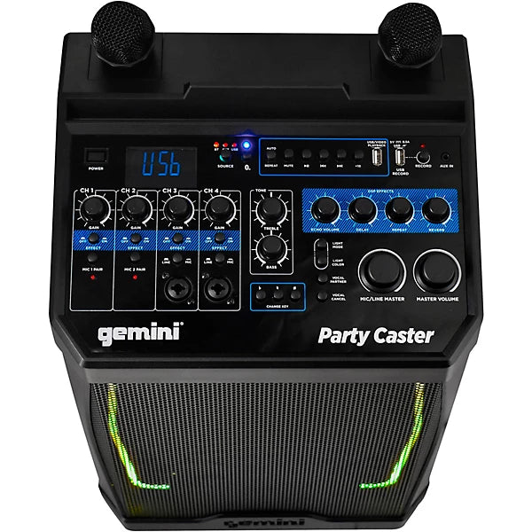 Gemini KP-800PRO portable karaoke system with dual wireless mics, 100W power, and Bluetooth connectivity.