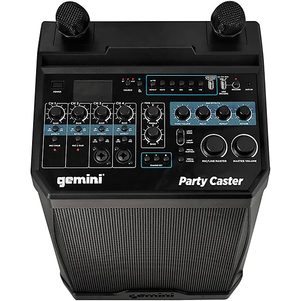 Gemini KP-800PRO portable karaoke system with dual wireless mics, 100W power, and Bluetooth connectivity