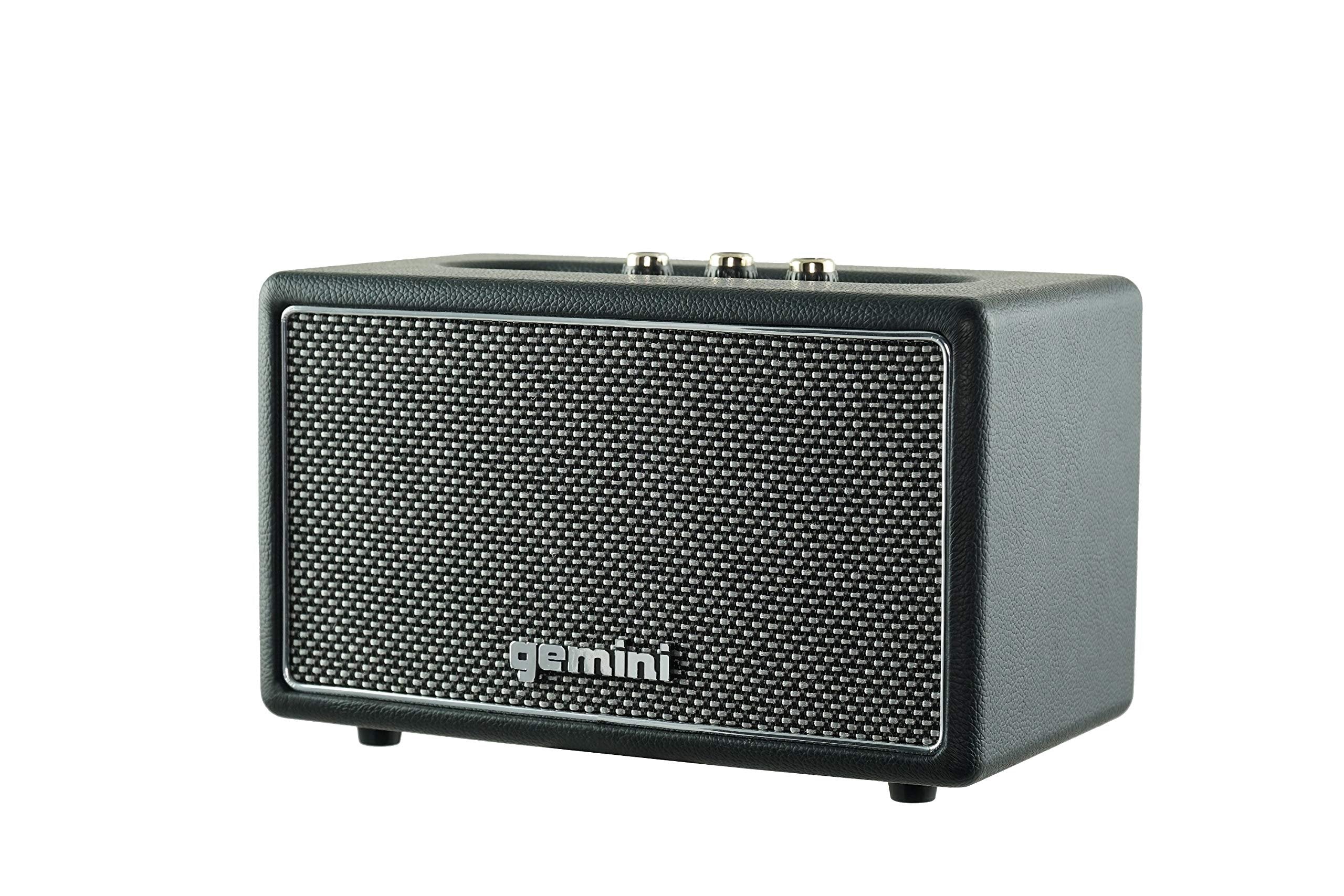 Gemini Sound GTR-200 retro Bluetooth speaker in black, 40W, battery-powered, with 30-feet range and vintage design.