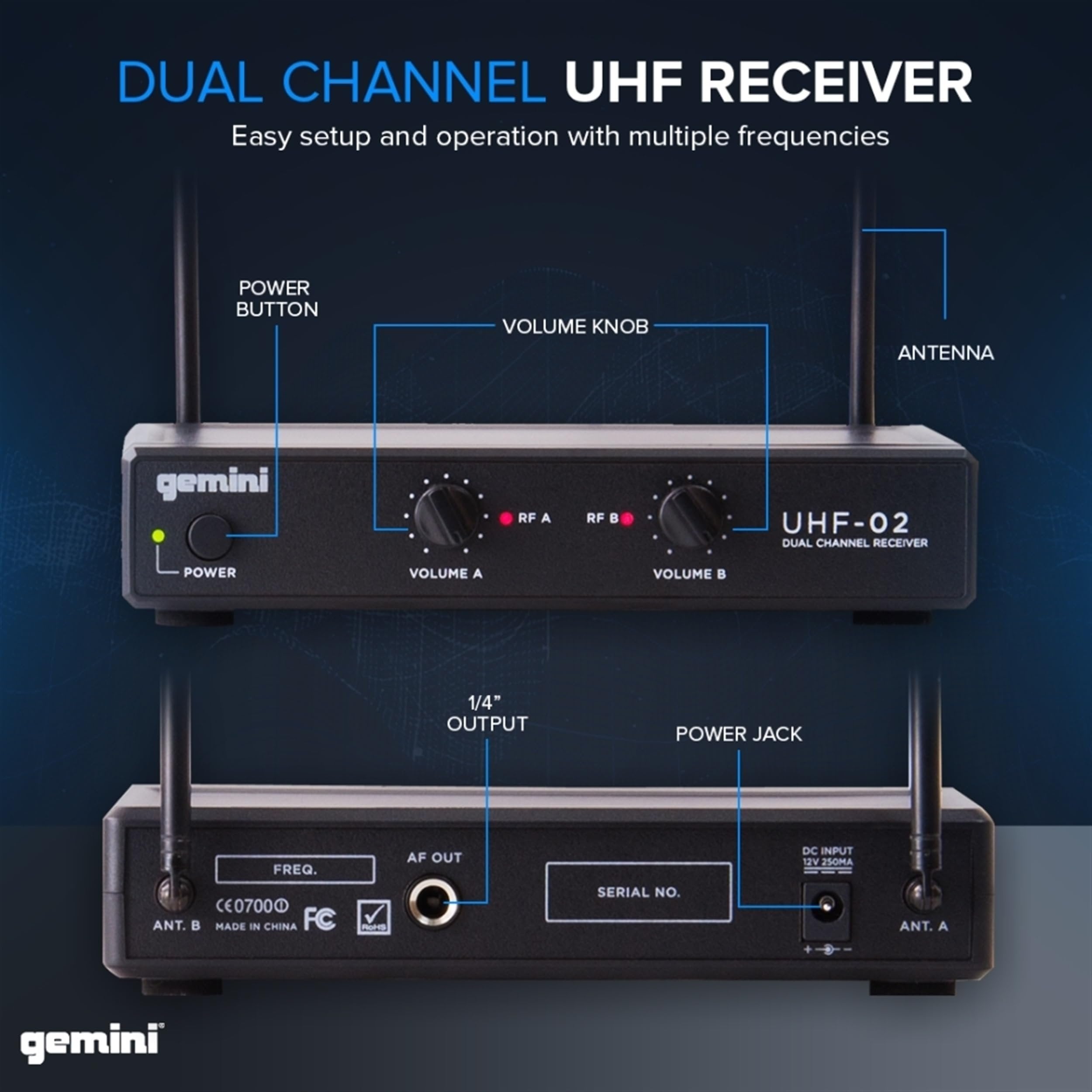 Gemini UHF-02M/HL wireless handheld microphone system, black, multi-frequency, ideal for entertainers