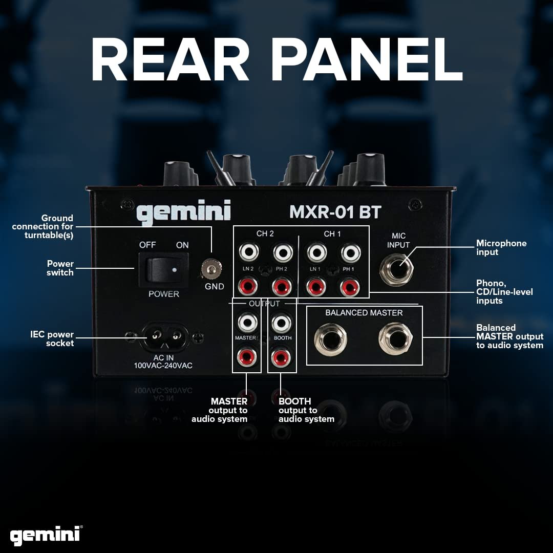 Gemini Sound MXR-01BT 2-channel DJ mixer with Bluetooth, metal chassis, and five input options