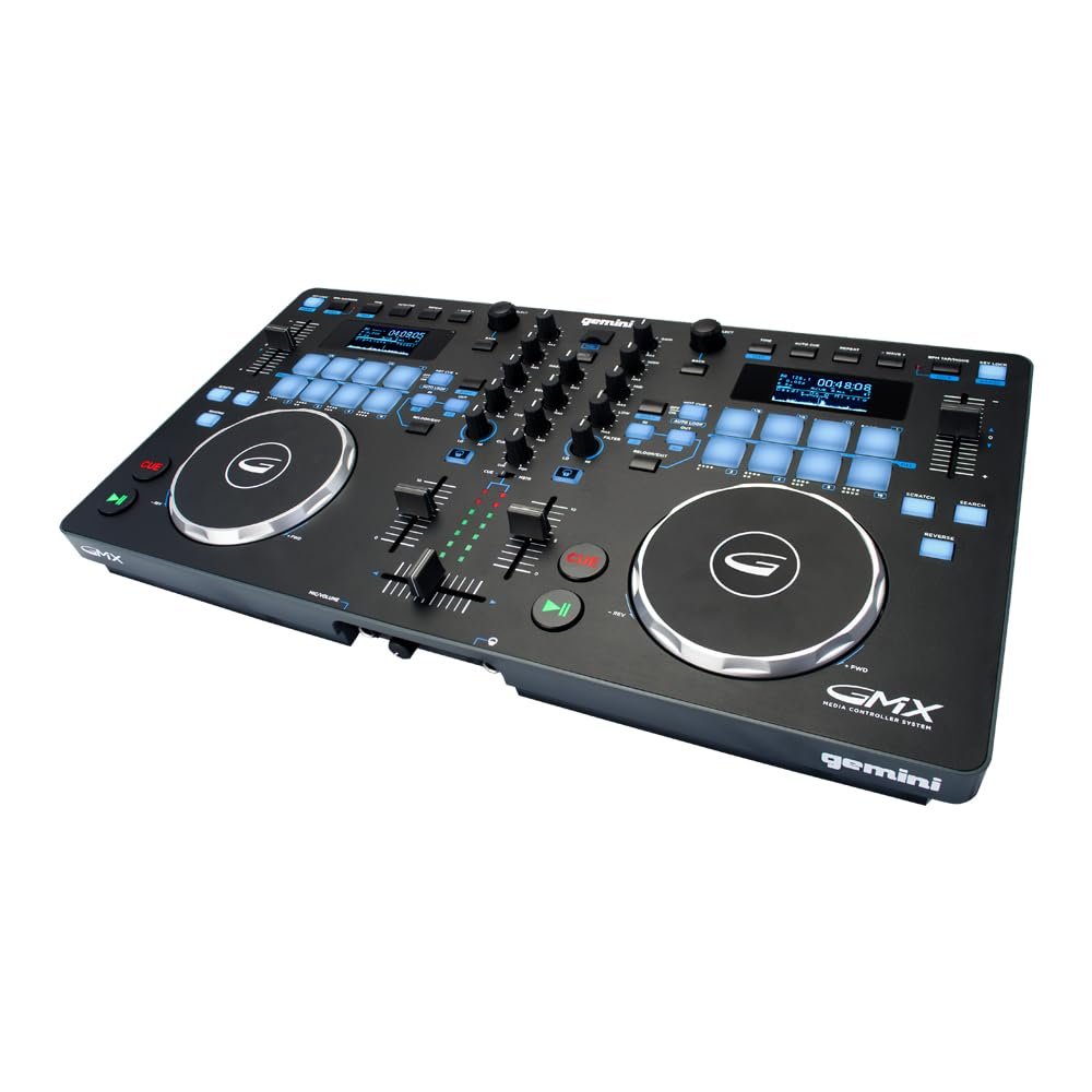 Gemini GMX two-channel portable DJ media player with black finish and intuitive control layout