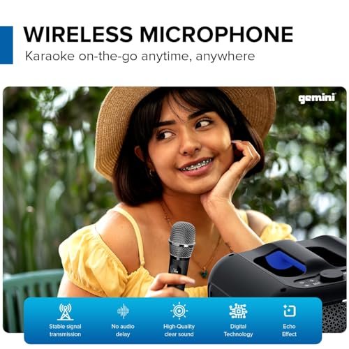 Gemini Sound wireless karaoke speaker in black with 100W power, 6.5-inch woofer, and colorful LED lights