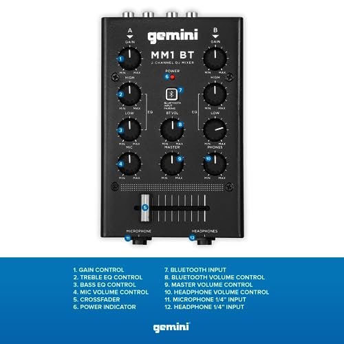 Gemini Sound MM1BT 2-channel DJ mixer with Bluetooth streaming, featuring analog controls and a sleek black design