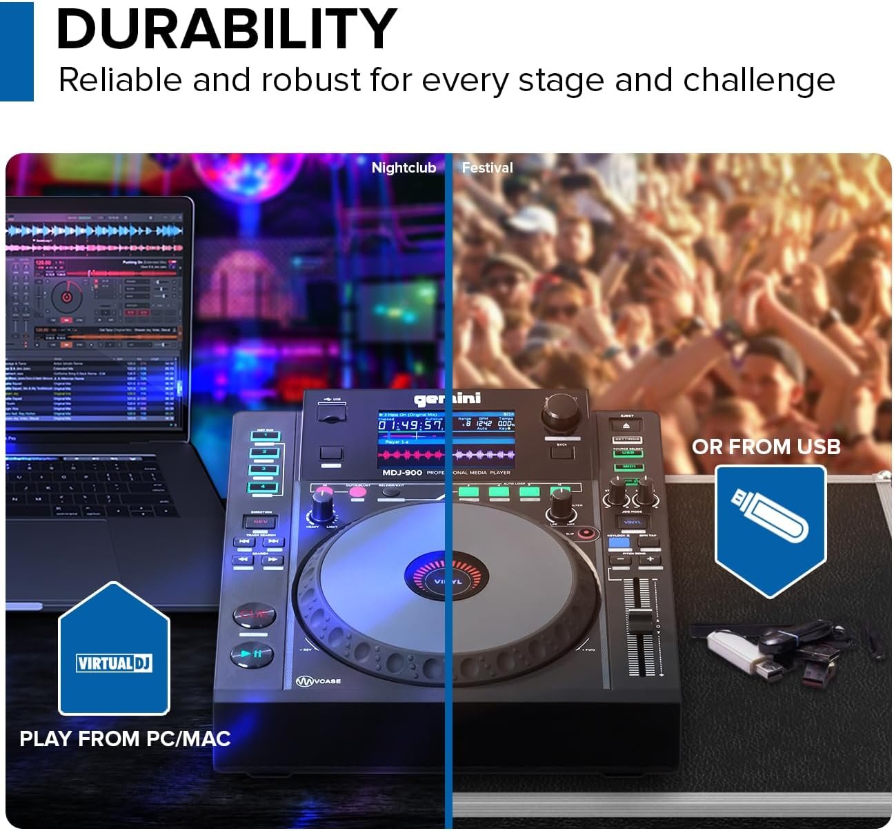 Gemini Sound MDJ-900 DJ media player with 8-inch touch screen and USB connectivity, featuring a sleek black design.