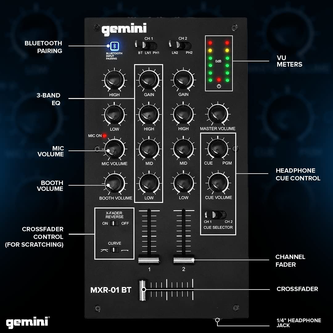 Gemini Sound MXR-01BT 2-channel DJ mixer with Bluetooth, metal chassis, and multiple input options