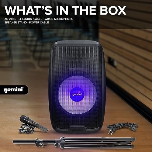 Gemini Sound 15-inch Bluetooth PA speaker in black with LED lights, 2000W power, frequency range 40Hz-20kHz