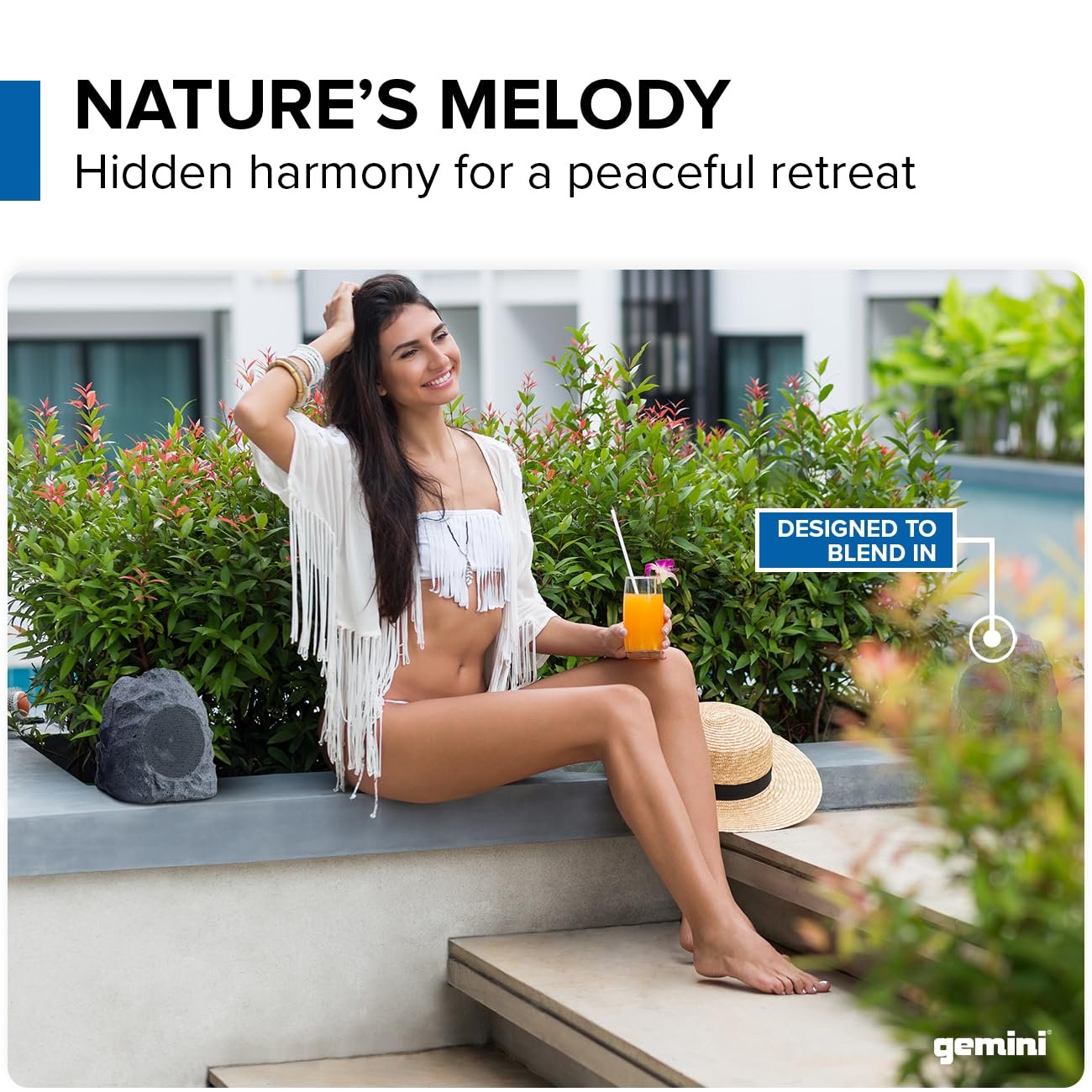 Gemini Sound waterproof rock speakers in natural stone finish, 40W Bluetooth outdoor audio system with 10-hour battery.