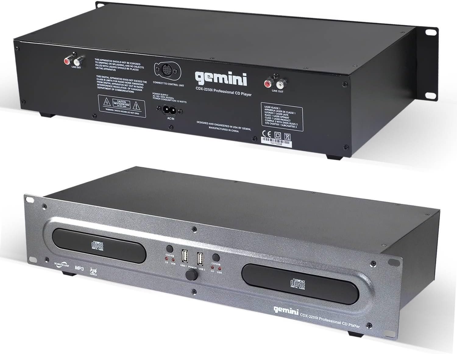 Gemini CDX-2250i dual deck DJ media player with USB and CD-R compatibility, featuring a sleek black design.
