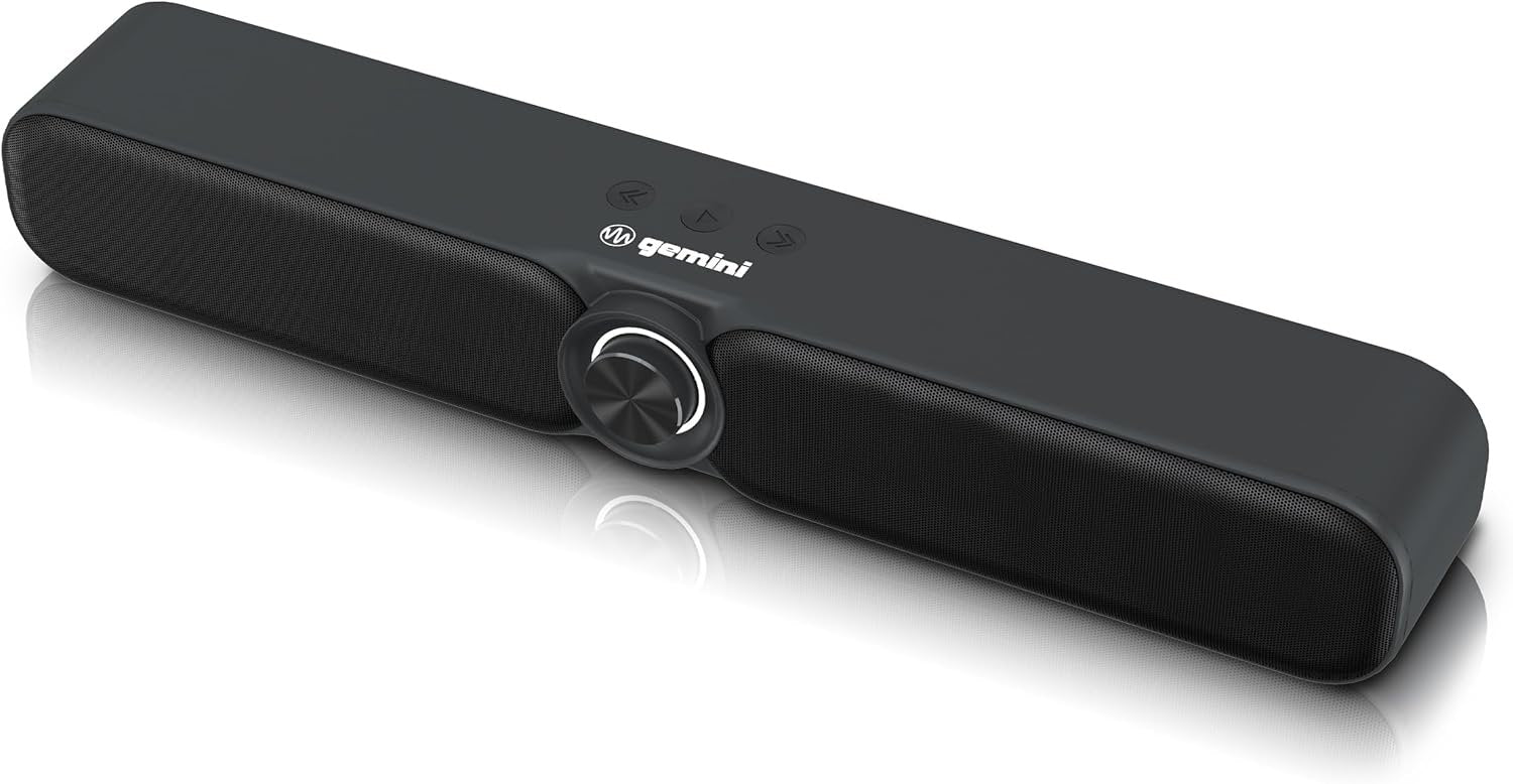 Gemini Sound GSBR-20 Rechargeable Bluetooth Gaming Soundbar in black, 200W power with 3600mAh battery for portable audio.