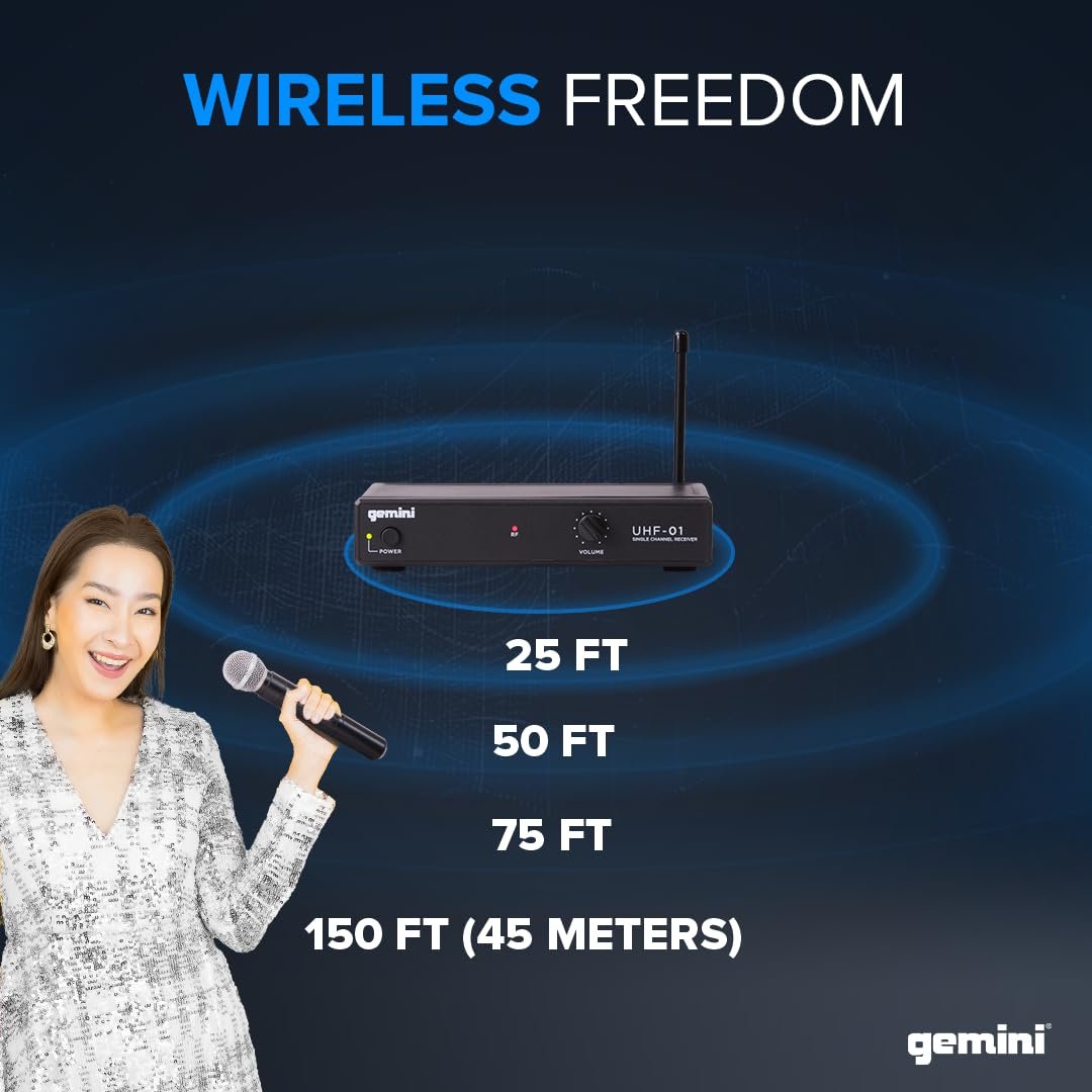 Gemini UHF-01M wireless microphone system with multi-frequency options, sleek black design for entertainers