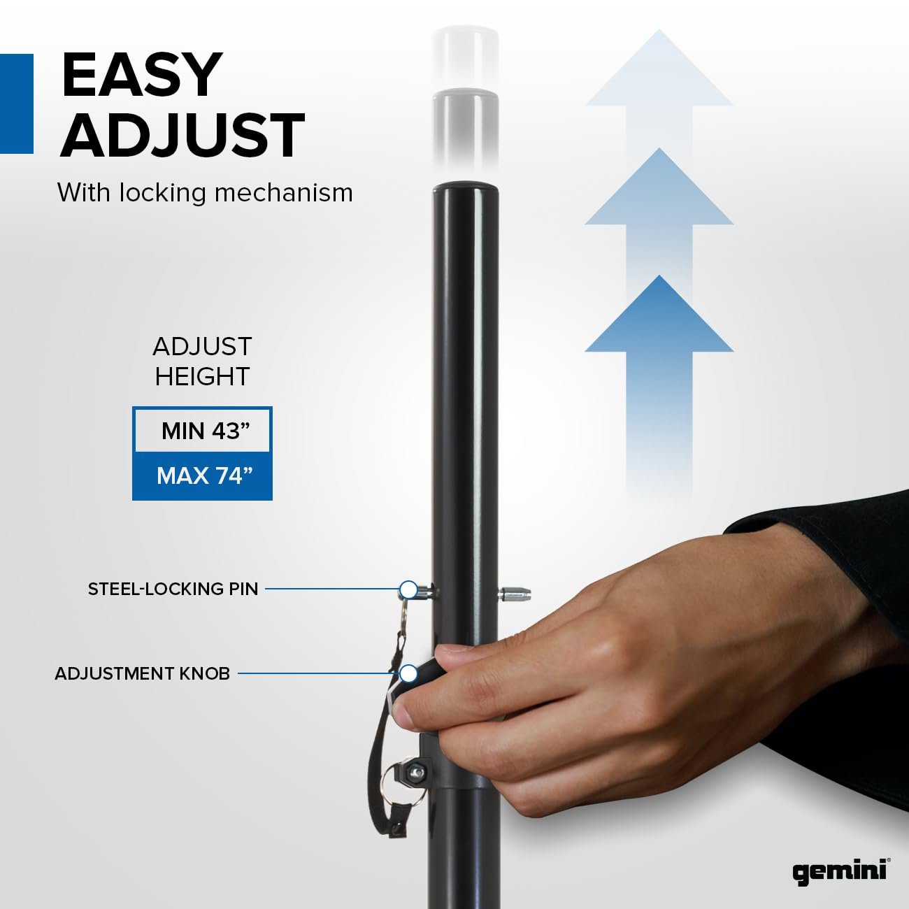Gemini Sound ST-04 stainless steel speaker stand with adjustable height, 200lb capacity, and sturdy design.