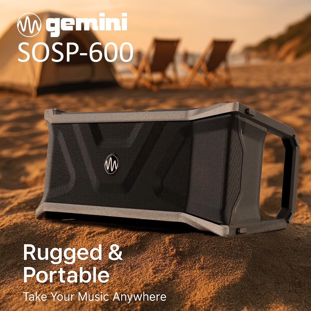 Silver Gemini SOSP-600 floating Bluetooth speaker, 300W, waterproof IP67, 24hr battery, 270-degree sound.