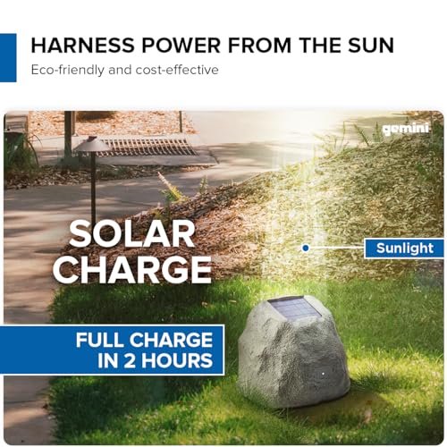 Gemini Sound waterproof solar Bluetooth rock speaker in natural stone finish with LED light, ideal for outdoor use