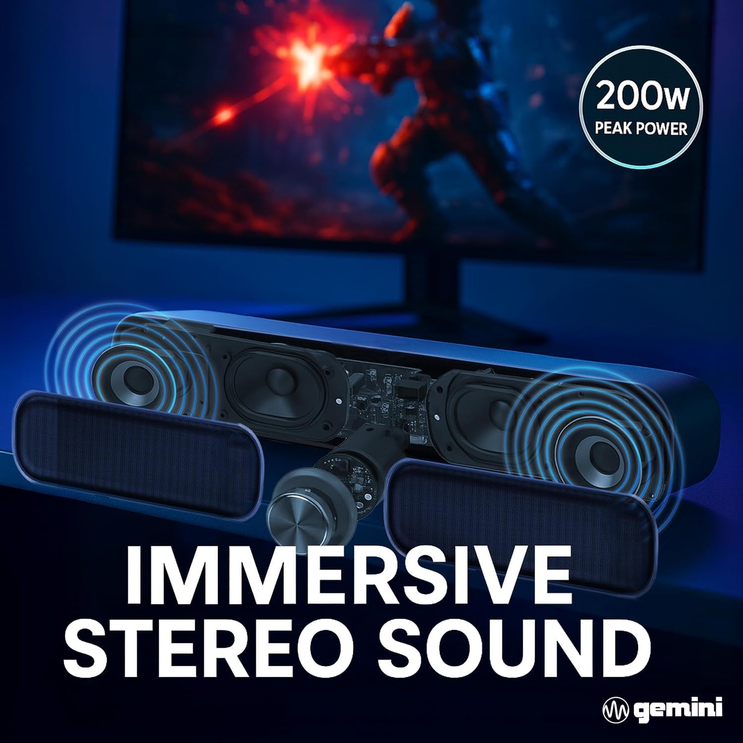 Black portable Bluetooth gaming soundbar, 200W power, 3600mAh battery, and ABS enclosure by Gemini Sound.