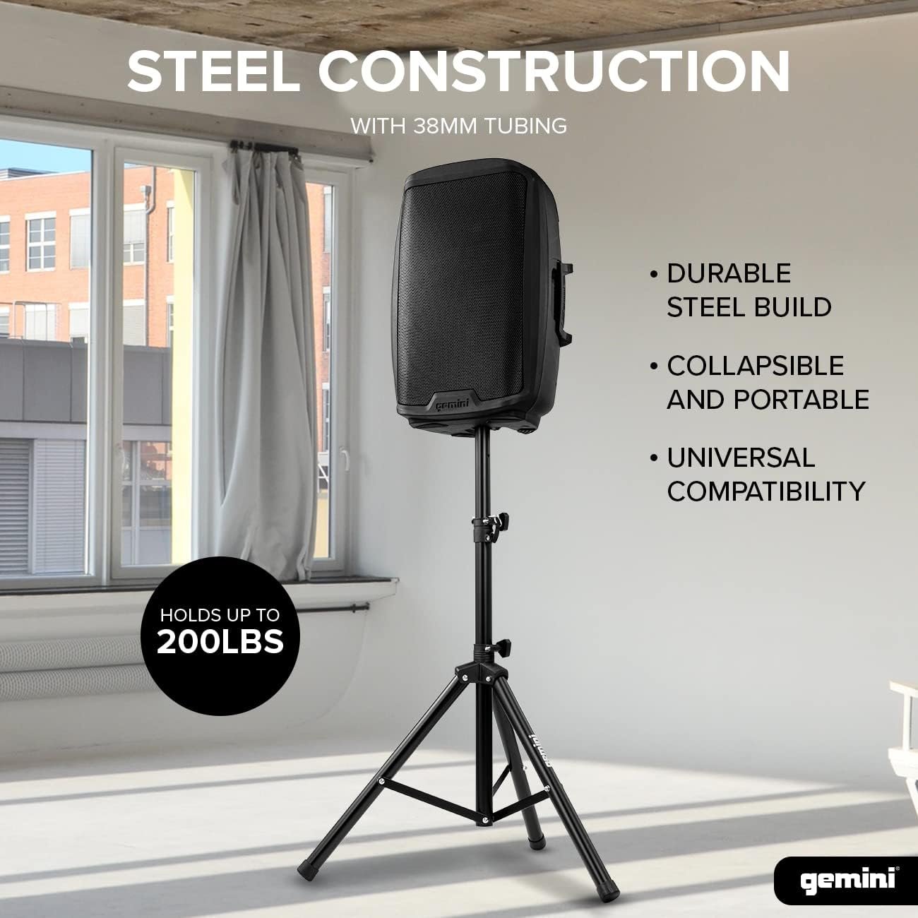 Gemini Sound stainless steel tripod speaker stands, 2-pack, adjustable height, 200lb capacity