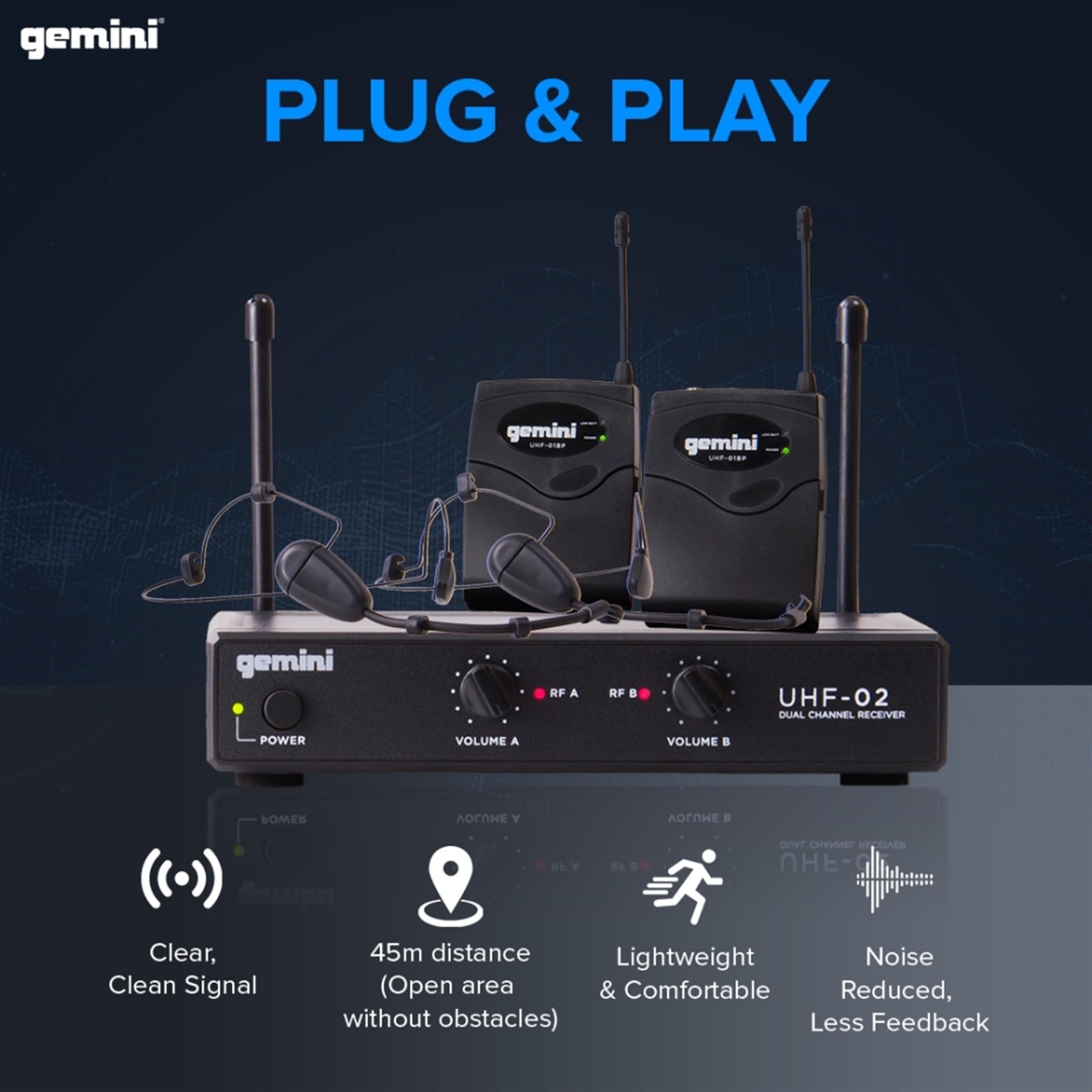 Gemini UHF-02HL wireless microphone system with dual channel receivers and sleek design for high-quality audio